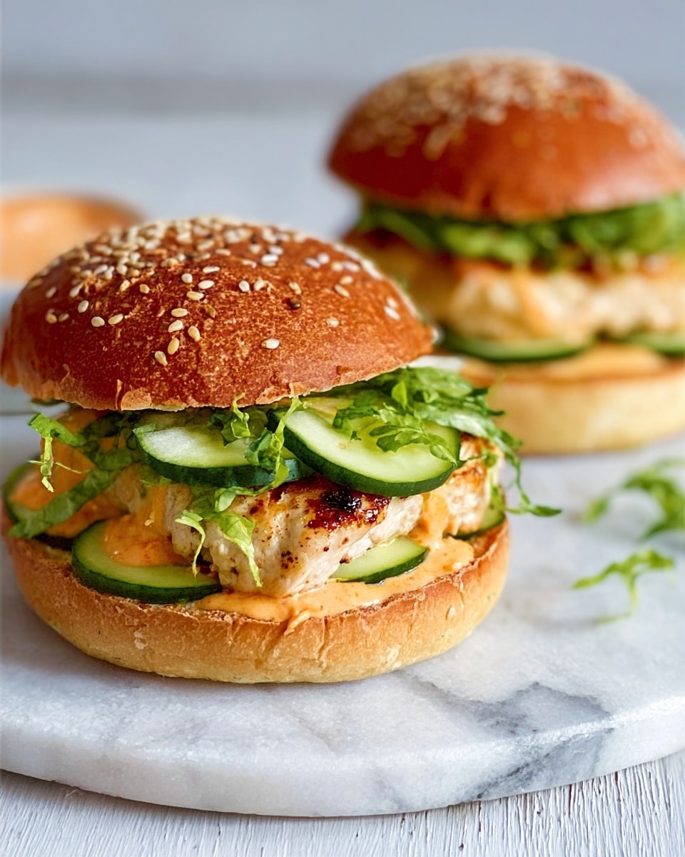 The image shows two grilled chicken burgers on a white marbled surface. Each burger has three main visible layers: the bottom is a light brown sesame seed bun, followed by a thick, white grilled chicken patty with grill marks, topped with green lettuce and thin slices of cucumber, and finished with a reddish-orange sauce. One burger's top bun is placed on the side while the other is fully assembled with the top bun sesame brown and shiny on top. The colors contrast well with the white background. photo taken with an iphone --ar 4:5 --v 7