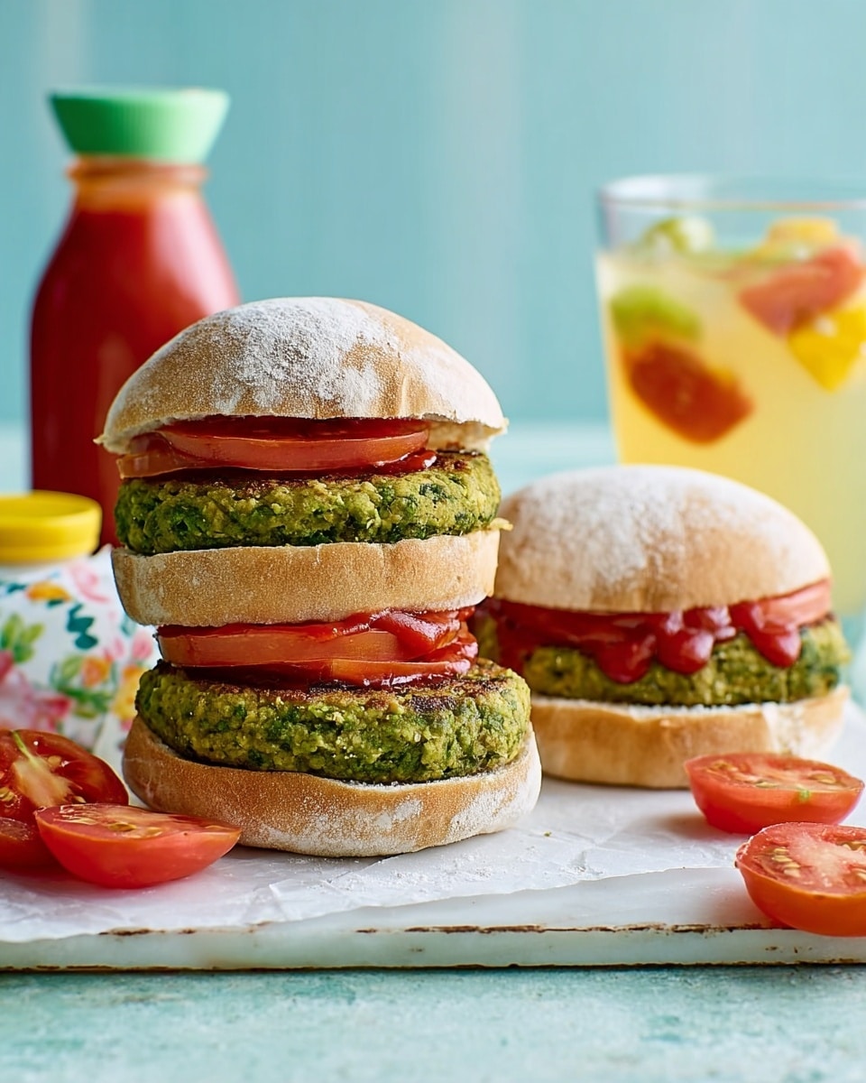 The image shows three sandwich sliders placed on a white marbled surface, arranged on a rustic wooden board with faded green and yellow paint. Each slider has two layers of light brown bread with a soft texture dusted with flour. Inside, each sandwich has a thick green veggie patty with a coarse texture and visible bits of vegetables, topped with slices of bright red tomato. One sandwich is open-faced with the top bun leaning back and a zigzag of red sauce on the tomato slices. Around the sliders, there are extra slices of tomato and a white bottle of ketchup with a textured pattern and yellow bottle on the side, along with a glass of a cold drink showing condensation. The background is light blue with soft lighting. Photo taken with an iphone --ar 4:5 --v 7