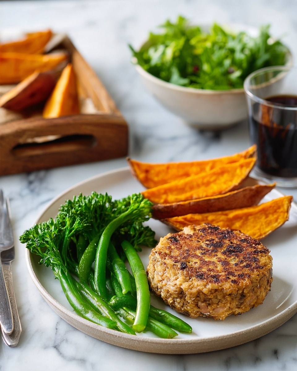 The image shows a white ceramic plate on a white marbled surface, holding a meal made of three main parts. On the front center of the plate is a thick, round patty with a browned, slightly rough texture, showing bits of green and purple inside. To the right of the patty are several thick, orange wedges of sweet potato with a crisp, roasted look and slightly charred edges. On the left side of the plate is a small bunch of fresh, bright green broccolini with visible stems and florets, giving a fresh, crunchy texture. In the background, there is a glass of dark drink, and a white bowl filled with green leafy vegetables. photo taken with an iphone --ar 4:5 --v 7