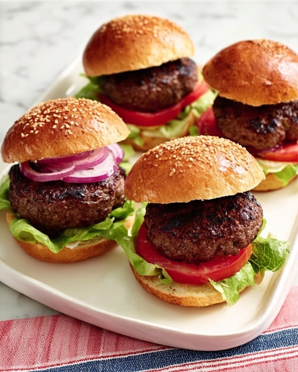 A white plate with four small burgers arranged in a close group on a white marbled surface. Each burger has a sesame seed bun, with two buns closed and two open-faced. The open-faced burgers show three core layers: a fresh green lettuce leaf at the bottom, a thick, juicy dark brown grilled beef patty above it, and several rings of thinly sliced purple-red onion on top. The closed buns display a lightly browned top with sesame seeds. The colors are warm and natural, showing a fresh, homemade look. Photo taken with an iphone --ar 4:5 --v 7