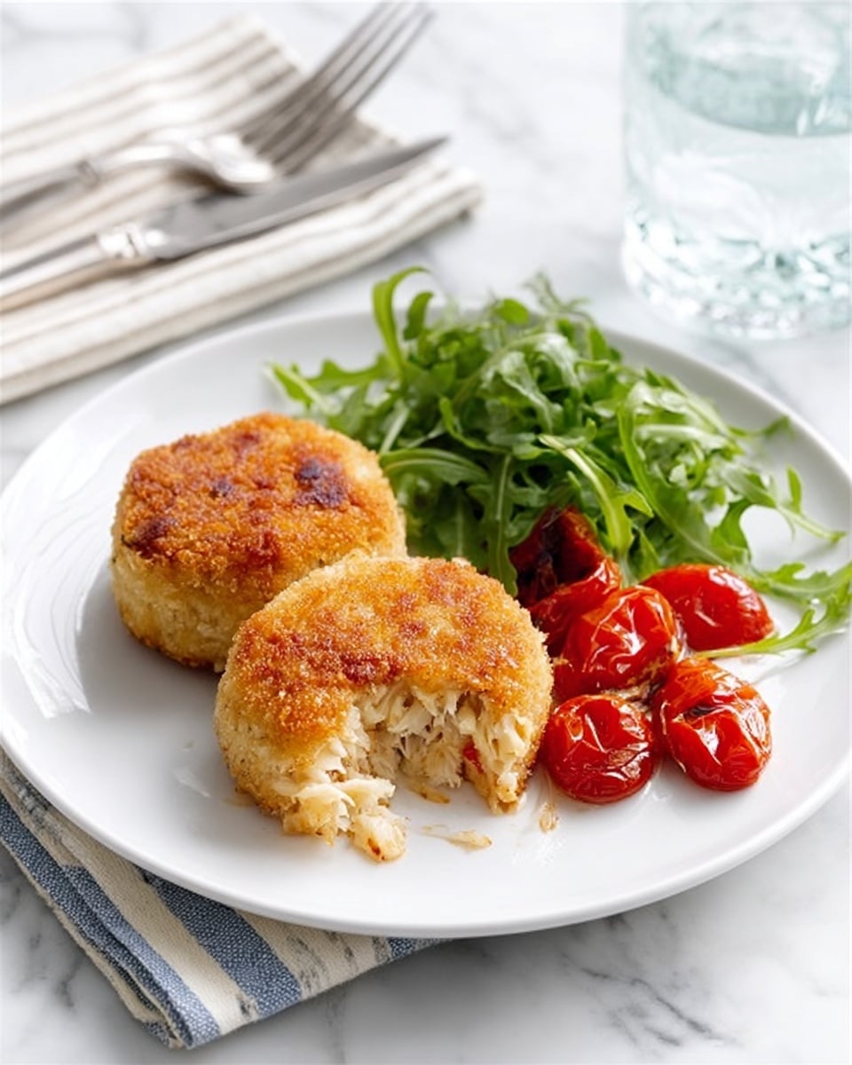 The image shows a white plate with two golden brown crab cakes placed side by side near the center. One crab cake is slightly broken open, revealing a light, flaky inside with a soft texture. To the right of the crab cakes, there is a small pile of bright red roasted cherry tomatoes with a slightly wrinkled skin. Behind the tomatoes, there is a small bunch of fresh green leafy herbs or salad. The plate is on a white marbled surface, and in the background, there is a clear glass of water and fork with a striped cloth napkin. Photo taken with an iphone --ar 4:5 --v 7