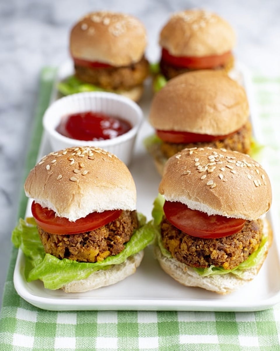 The image shows four small burgers on a white tray with a green and white checkered paper. Each burger has a seeded bun top with a light brown color, a thick golden crispy layer of what looks like fried food between fresh green lettuce, and a bright red tomato slice above the lettuce. The bottom bun is light brown and slightly textured. In front of the burgers, there is a small white cup filled with red ketchup. The background is a white marbled texture. Photo taken with an iphone --ar 4:5 --v 7