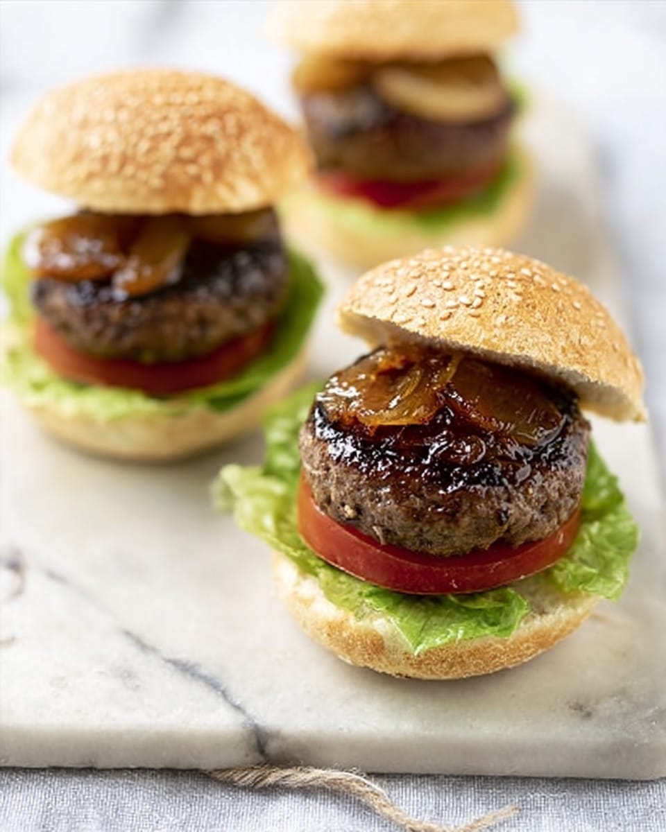 Two open-faced burgers on a white marbled surface, each with a sesame-seed white bread bun. The bottom bun has a fresh green lettuce leaf as the first layer, followed by a red tomato slice, then a thick grilled beef patty topped with a glossy brown sauce containing small pieces of what looks like onions. The top buns are placed to the side, showing a golden toasted texture inside. All elements sit on a light wooden board. photo taken with an iphone --ar 4:5 --v 7