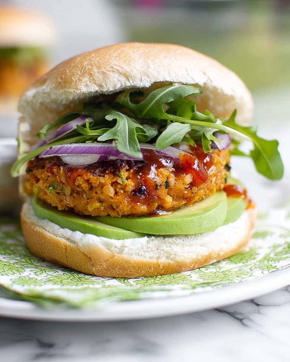 The image shows a sandwich with five visible layers on a white plate over a white marbled surface. The base is a white sandwich bun. On top of the bun lies a layer of fresh green cucumber slices arranged side by side. Above the cucumbers is a thick, golden-brown veggie patty with a slightly crispy texture and some visible grains. A red sauce with a shiny texture is dripped over part of the patty. Next, there is a small amount of white creamy sauce directly under the cucumber. On top of the patty there are a few fresh green leaves mixed with thin slices of purple onion. The top half of the white bun rests leaning on the greens. The photo was taken with an iphone --ar 4:5 --v 7