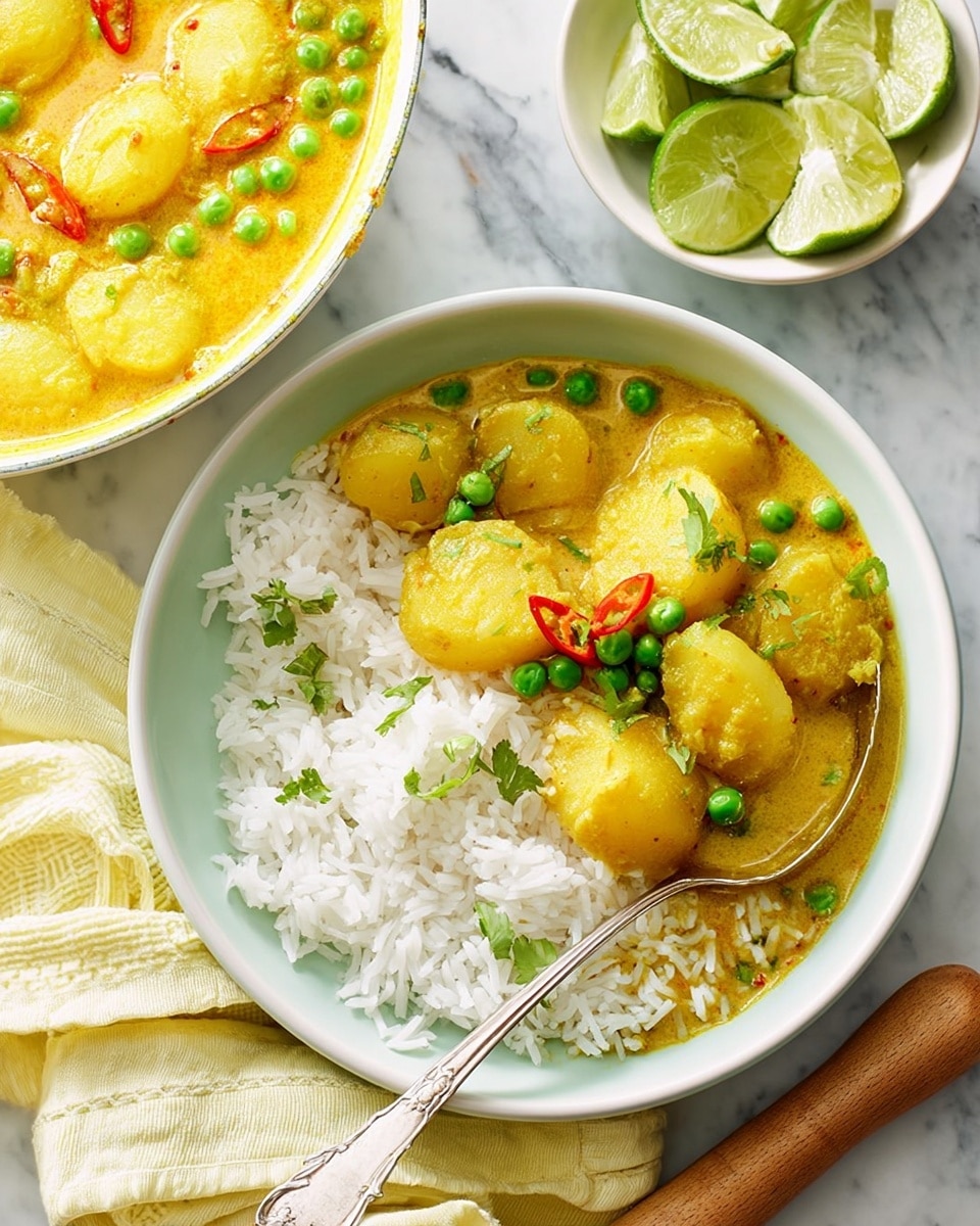 A white bowl contains two main layers: on the left side, there is a layer of plain white rice with some scattered green peas; on the right side, thicker yellow curry sauce covers several round, golden potato slices and more green peas, with a few red chili pieces visible in the sauce. A spoon rests in the bowl partly submerged in the curry. Next to it, there is a white bowl filled with the same yellow curry showing potato slices, green peas, and red chilies, and another small white bowl holding lime wedges. The background is a white marbled texture, with a yellow cloth and a wooden rolling pin placed near the food. Photo taken with an iphone --ar 4:5 --v 7