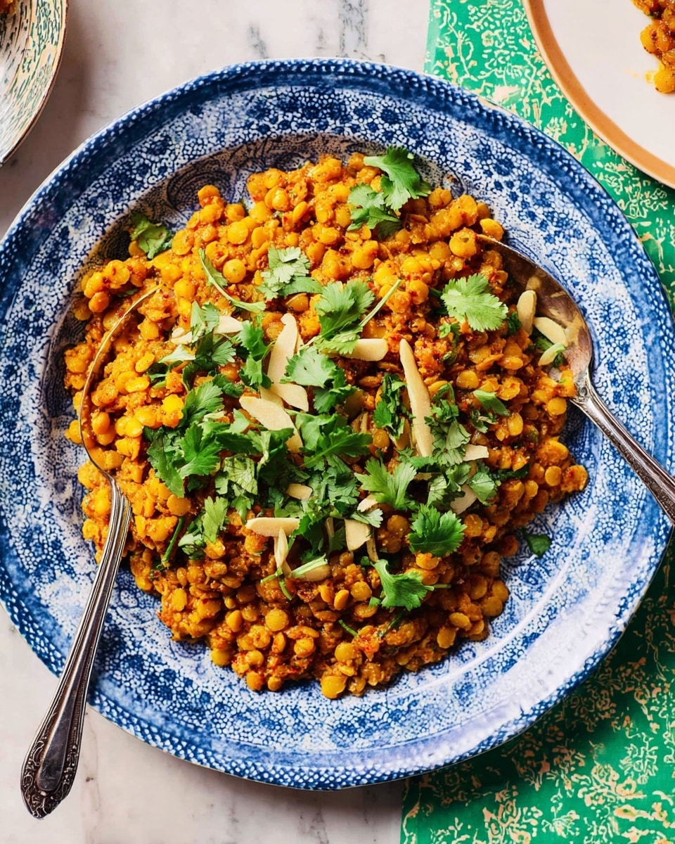 A white plate with blue leaf and dot patterns holds a vibrant dish made of small yellow split lentils cooked in a reddish-brown sauce. The lentils are spread in one thick layer, topped with thin, pale yellow julienned pieces and bright green fresh cilantro leaves scattered evenly on top. Two golden spoons rest on the plate, one on each side, partially submerged in the lentils. The plate sits on a wooden surface edged with a white marbled-texture cloth with a light green pattern partially visible at the top and right sides of the image. Photo taken with an iphone --ar 4:5 --v 7