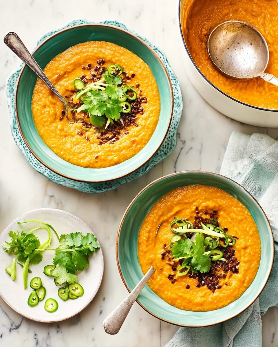 Two bowls filled with thick, orange lentil curry are placed on a white marbled surface, each topped with bright green cilantro leaves, thin light yellow ginger strips, and sliced green chili peppers. The curry texture is smooth with visible chunks and a slight shine from the oil, and some brown cumin seeds sprinkled on top. A silver spoon rests inside the bowl on the left. Nearby, a small white plate holds extra fresh cilantro, ginger strips, and sliced chili. To the upper right, a white pot with a teal handle holds more lentil curry with a metal ladle resting inside on a light blue cloth. Photo taken with an iphone --ar 4:5 --v 7