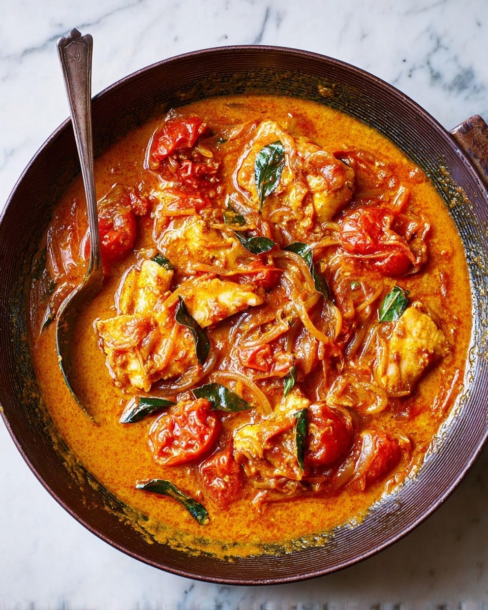 A dark pan filled with a rich orange curry sauce, containing bright red tomato pieces of different sizes and shapes, soft green curry leaves scattered on top, and chunks of tender light brown fish mixed throughout. A silver spoon rests on the left side inside the pan. The pan sits on a white marbled surface. photo taken with an iphone --ar 4:5 --v 7