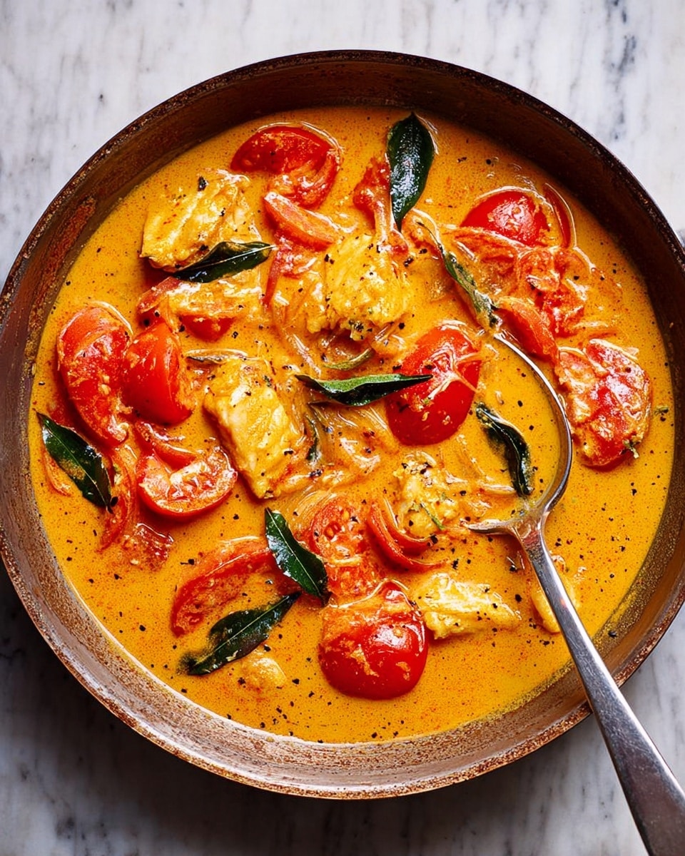A round rustic pan filled with a creamy orange curry containing several layers of ingredients: large chunks of bright red tomatoes and tomato pieces with smooth skins scattered throughout; thickly sliced pale orange pieces of meat or tofu partly covered in the sauce; dark green curry leaves floating on the thick, shiny sauce; and thin strands of pale onions mixed inside. The edges of the pan show some sauce stains, and there is a metal spoon stuck in the curry on the left side. The pan rests on a white marbled textured surface. photo taken with an iphone --ar 4:5 --v 7