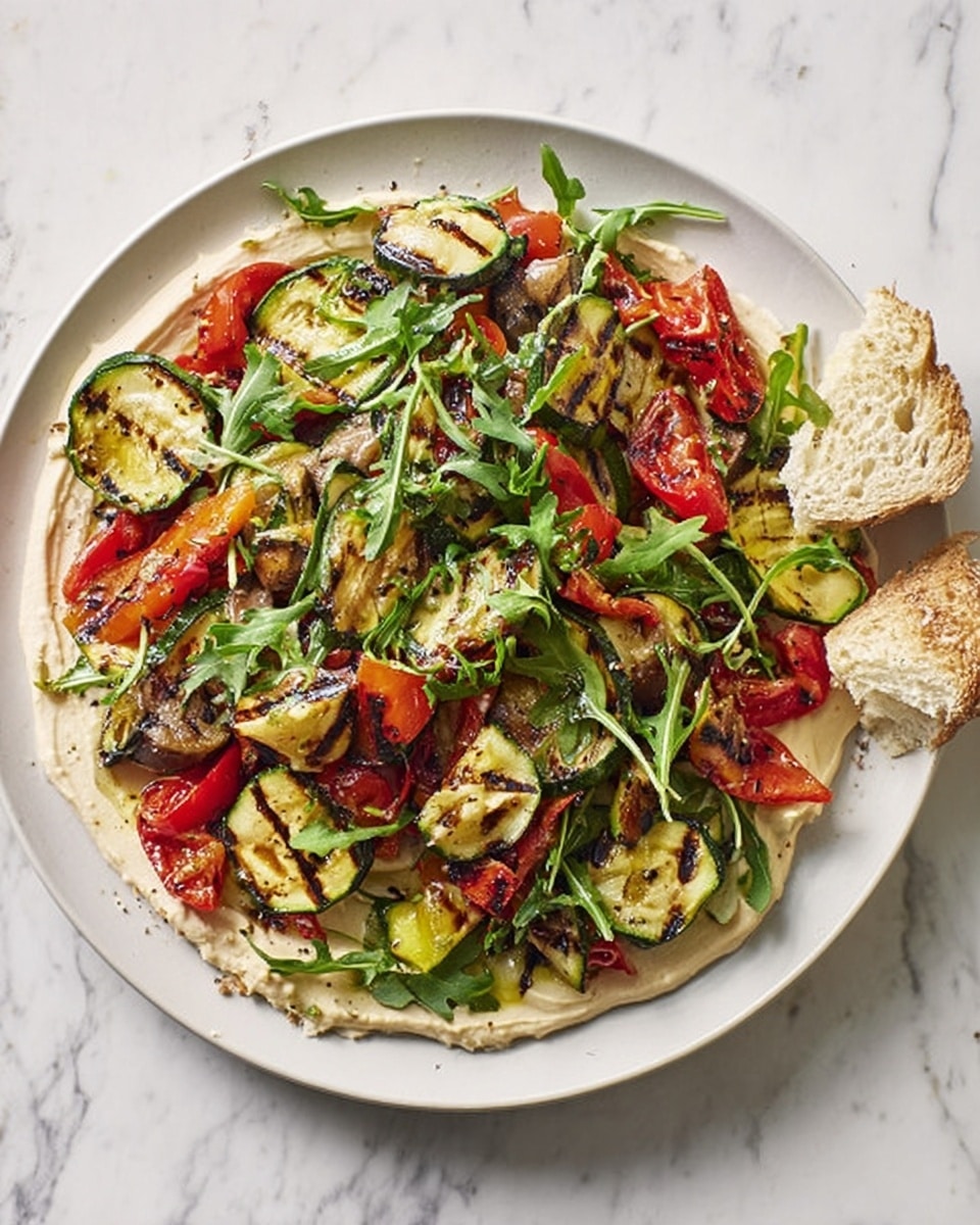 The dish is served on a white plate placed on a white marbled surface. It has a layer of creamy white spread as the base, evenly covering the plate. On top, there are several pieces of grilled vegetables including yellow zucchini with dark grill marks, red roasted peppers, and slices of green zucchini, all scattered across the plate. Bright green arugula leaves are sprinkled generously over the vegetables, adding a fresh and lively contrast. On the side of the plate, there are two pieces of sliced bread with a light crust. Photo taken with an iphone --ar 4:5 --v 7
