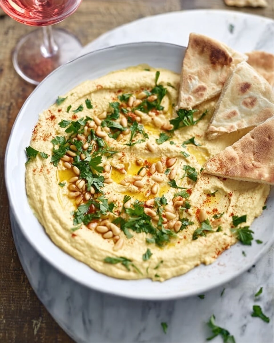 A white plate on a white marbled surface holds a creamy light beige hummus spread in one layer, topped with a drizzle of olive oil creating a shiny texture across the hummus. The hummus is sprinkled with toasted golden brown pine nuts scattered unevenly, and fresh bright green parsley leaves placed on top. There are two pieces of pita bread, one torn and the other folded in half, resting on the side of the plate with some hummus spread on them. A woman's hand is reaching from the left side of the frame toward the plate. Nearby, there is a glass with a light pink drink visible in the background. Photo taken with an iphone --ar 4:5 --v 7