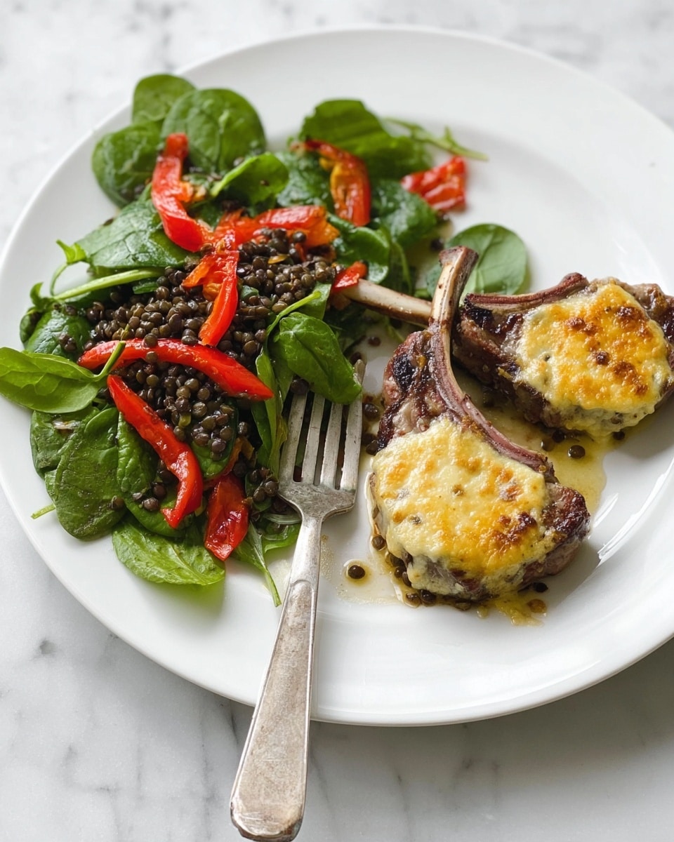 A white plate holds two lamb chops topped with a golden melted cheese, each resting on a small piece of toasted bread with a light brown crust. Next to the lamb is a fresh green spinach salad with shiny, dark green leaves mixed with small black lentils and slices of soft, roasted red bell pepper. A silver fork lies on the left side of the plate. The plate is placed on a white marbled surface. photo taken with an iphone --ar 4:5 --v 7