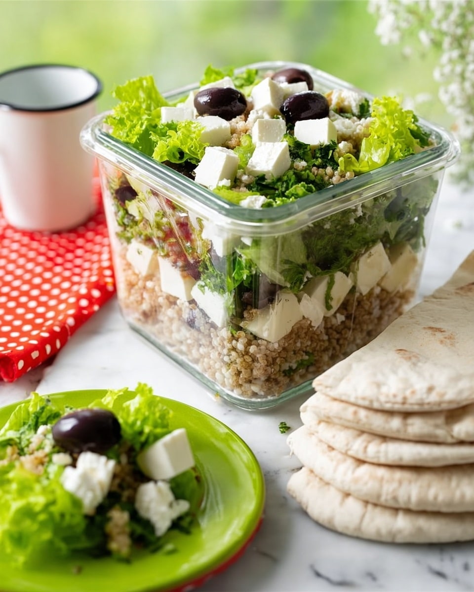 The image shows a clear square glass container filled with a layered salad. The bottom layer consists of a grain salad with pieces of cooked grains and small bits of tomato, topped with chopped green herbs. Above this is a layer of crumbled white cheese mixed with black olives. The top layer is fresh, crisp, light green lettuce leaves. To the right, there is a stack of four white flatbreads leaning against the container. In front of the container, a small green plate holds a serving of the same layered salad with lettuce leaves and black olives, and next to it, a white cup with a dark inside. The whole setting is placed on a white marbled surface. photo taken with an iphone --ar 4:5 --v 7