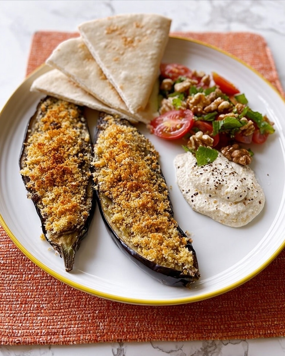 The image shows a white plate with a thin yellow line on the rim, placed on an orange cloth over a white marbled surface. On the plate, there are two slices of eggplant, each covered with a golden brown crispy topping. Behind the eggplant, slightly to the left, are two folded white pita breads with light browning spots. To the right of the pita, there is a small dollop of creamy white sauce speckled with black pepper. Next to the sauce, a colorful salad sits with red cherry tomato halves, green herbs, and crumbled walnuts or similar nuts mixed in. photo taken with an iphone --ar 4:5 --v 7
