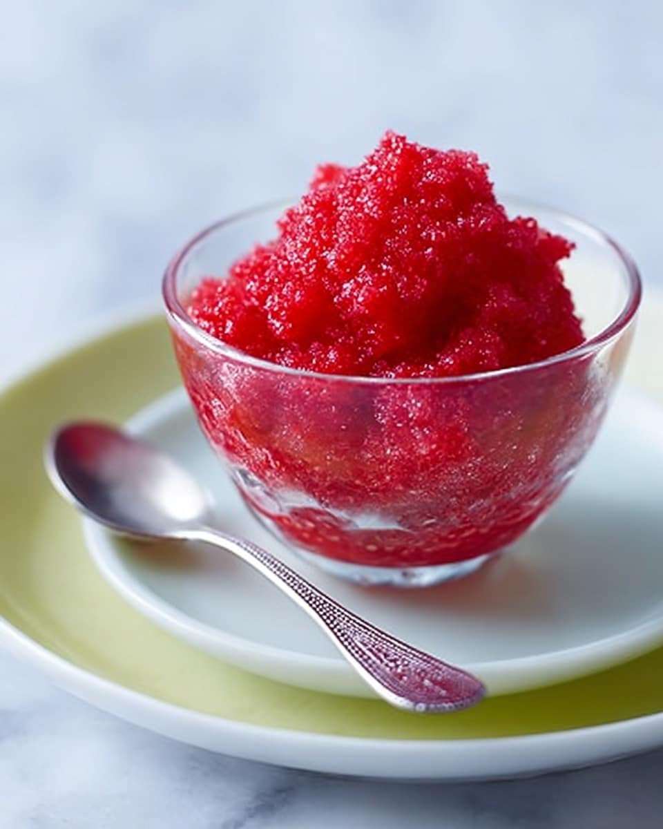 A small clear glass bowl filled with bright red granita that has a rough, icy texture, almost like coarse crushed ice. The bowl is placed on a white plate with a smooth, shiny surface, and a shiny silver spoon with a wavy handle sits next to the bowl. The whole setup is on a white marbled surface, creating a clean and fresh look. Photo taken with an iphone --ar 4:5 --v 7