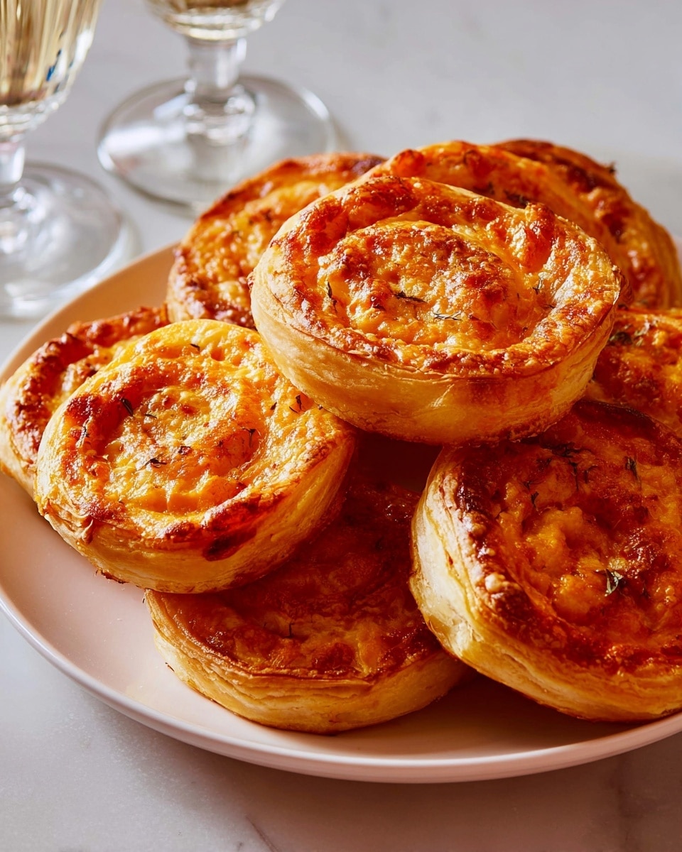 A white plate holds six golden-brown puff pastries arranged close together. Each pastry has a swirl shape with multiple flaky, layered crusts forming the outer rings, showing a light beige and toasted texture. The inner center of each pastry is filled with an orange cheese and tomato mix, bubbling and slightly browned at the edges, creating a rich contrast with the lighter crust. In the background, two tall glasses and another glass with a cherry red drink on a white marbled surface can be seen out of focus. The overall warm lighting highlights the crispy texture and colors of the pastries. photo taken with an iphone --ar 4:5 --v 7
