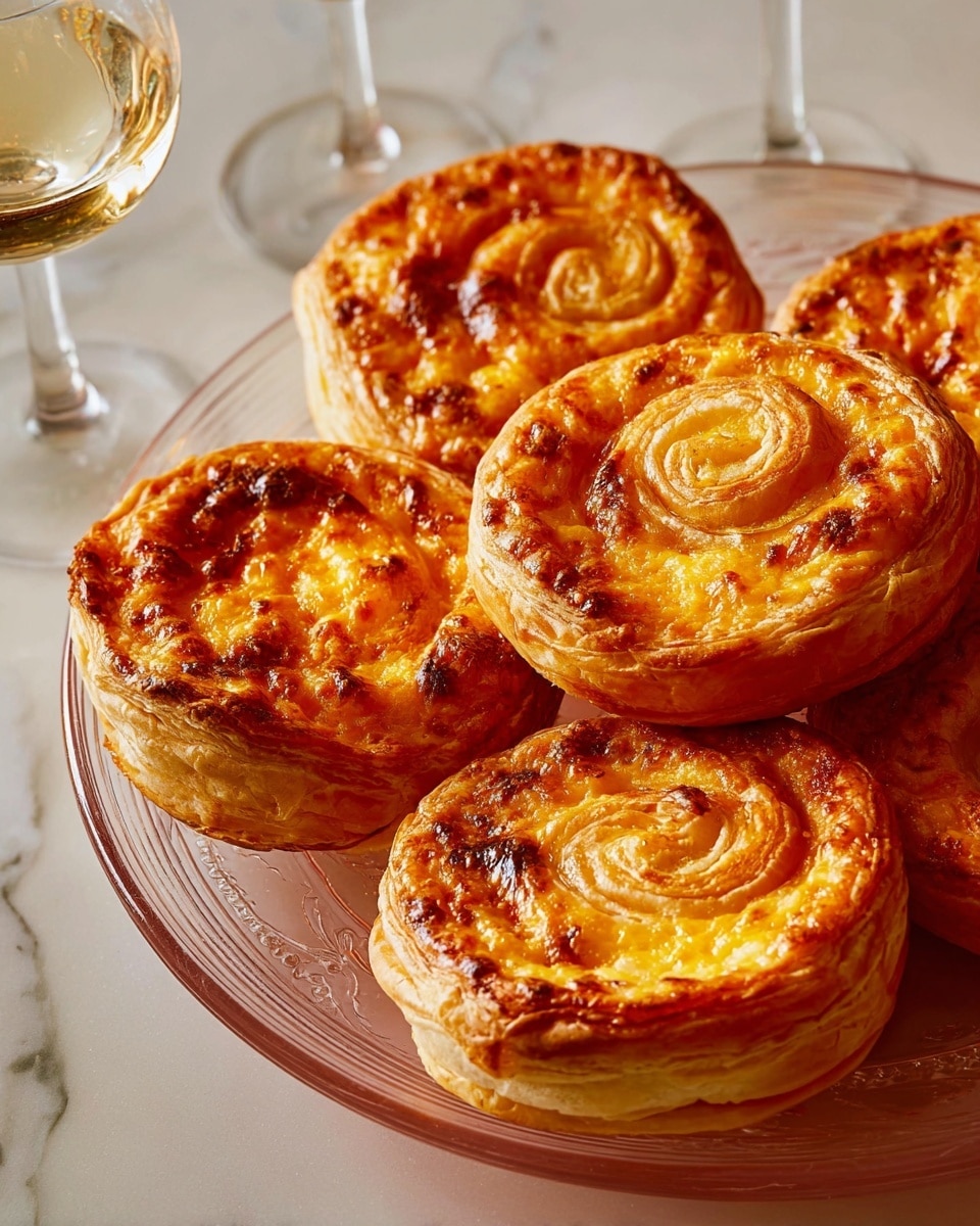The image shows a round white plate filled with six puff pastry pinwheels, each with a golden-brown crust that is flaky and layered, curling up slightly at the edges. The filling inside the pinwheels is a smooth, orange-red mixture with a slightly bubbly and melted cheese texture, spread evenly and nearly reaching the edges. The pinwheels are arranged closely, overlapping a bit, and the plate sits on a soft white marbled surface. In the background, two glasses with light-colored drinks are partially visible, adding depth to the scene. photo taken with an iphone --ar 4:5 --v 7