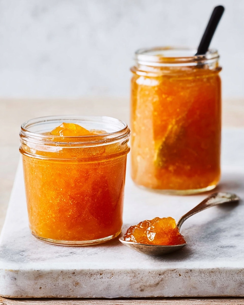 Two clear glass jars filled with thick, orange-yellow jam are placed on a wooden surface. The jar in the front is full, showing the jam's slightly chunky and glossy texture with small bubbles inside. The jar in the back also contains jam, with a spoon sticking out, suggesting it is ready to be served. A silver spoon with some jam on it lies on the wooden surface near the front jar, and a white plate with a butter knife is partially visible in the background. The scene is bright and simple, highlighting the jam's rich color and texture. photo taken with an iphone --ar 4:5 --v 7