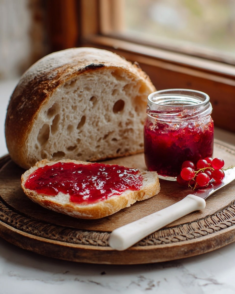 A thick slice of light beige bread with a rough crust sits on a round wooden board. The slice is spread with a shiny, bright red jam that looks smooth with tiny fruit pieces. Behind the slice is a larger piece of bread showing its soft inner texture with big air pockets. Next to it is a small glass jar filled with the same red jam, with a white-handled knife lying nearby, its blade smeared with jam. A small bunch of fresh red berries is placed beside the jar. The entire scene is set on a white marbled surface near a window, with soft daylight coming through. photo taken with an iphone --ar 4:5 --v 7