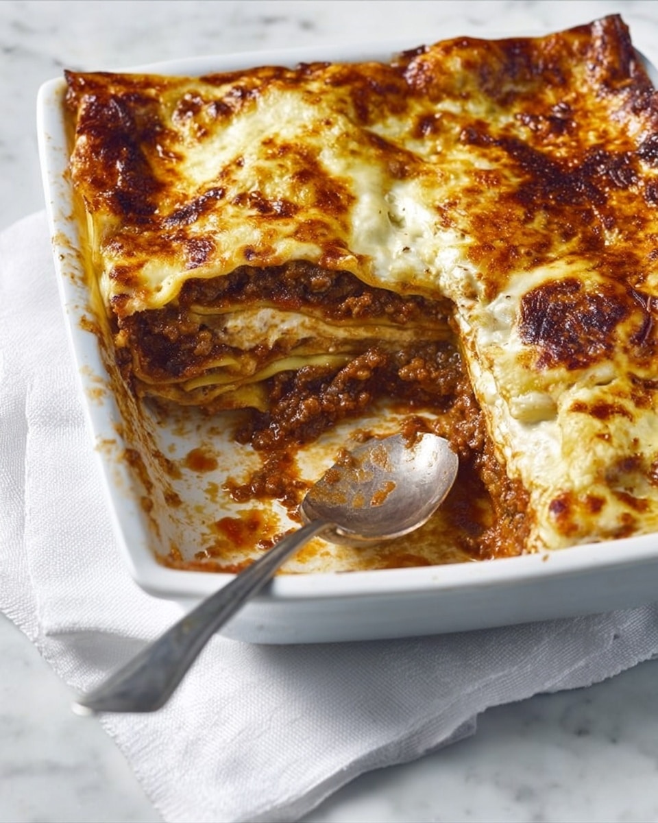 A white rectangular baking dish shows a partially eaten lasagna with three visible layers: the top layer is golden-brown and bubbly melted cheese with some darker browned spots, the middle layer is sauce mixed with ground meat and soft pasta sheets, and the bottom layer is rich tomato sauce with pasta underneath. A metal spoon rests inside the dish with some sauce and meat on it. The dish is placed on a white marbled surface with a folded white napkin nearby. Photo taken with an iphone --ar 4:5 --v 7