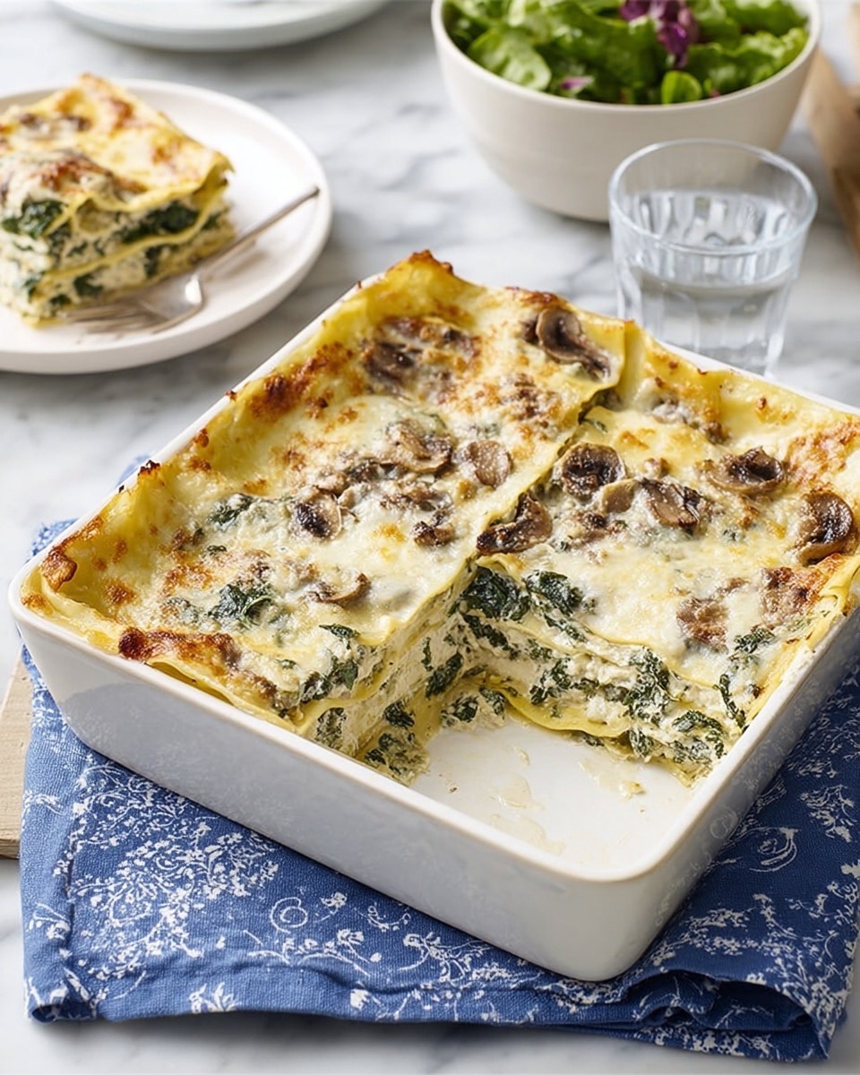 A white square baking dish contains a spinach and mushroom lasagna with one corner cut out, showing three layers: a golden baked top layer with melted cheese and spinach, a middle layer with pale creamy sauce and visible mushrooms, and a lower layer of pasta. The dish sits on a dark blue cloth with white patterns on a white marbled surface. In the background, there is a white bowl filled with green salad and a white plate with a slice of lasagna, a fork beside it, all on the same white marbled surface. Photo taken with an iphone --ar 4:5 --v 7