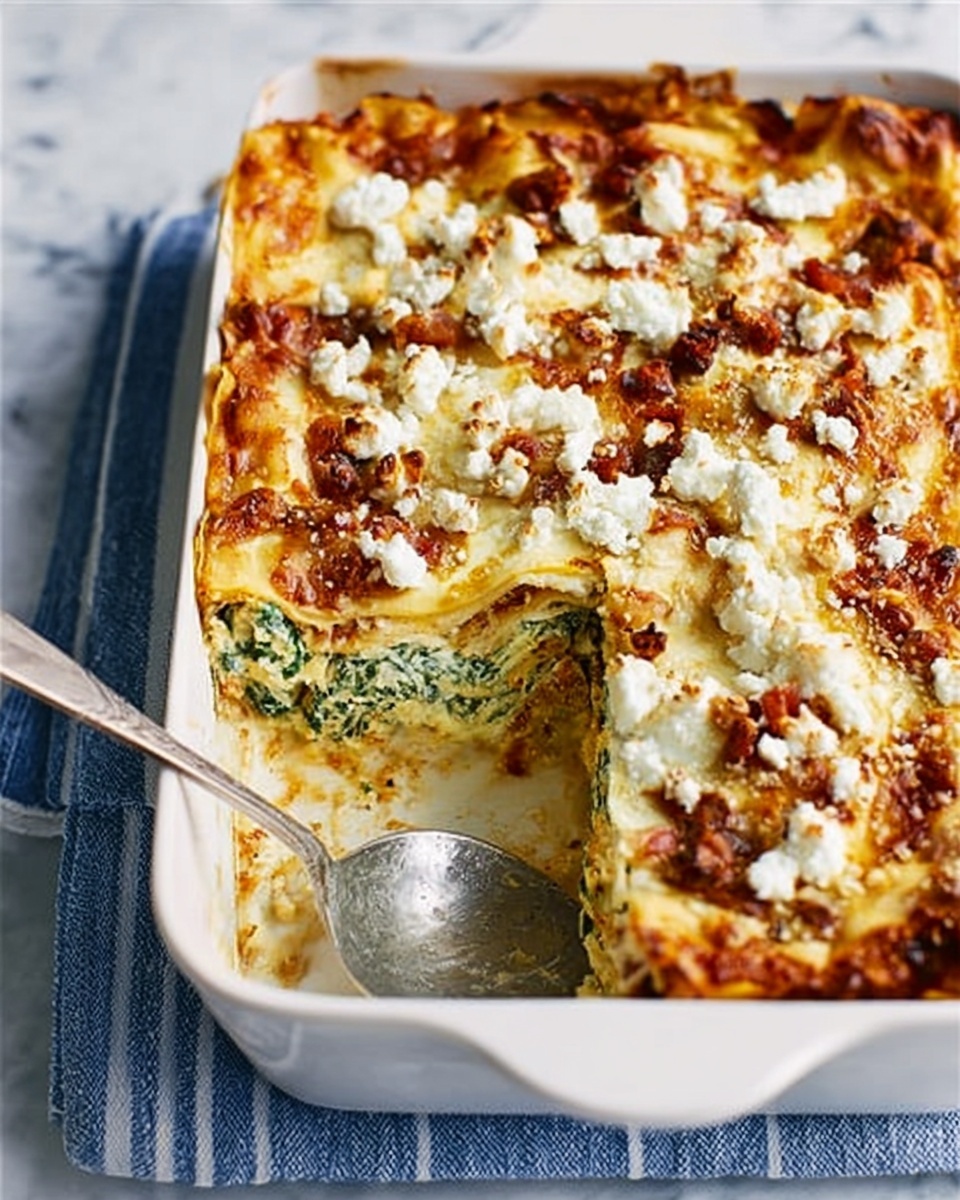 A white rectangular baking dish on a white marbled surface holds a multi-layered baked dish. The top layer is golden brown with scattered white crumbles of cheese and crispy bits of browned meat. The second layer visible where a piece has been scooped out shows a mix of green leafy vegetables and creamy, light yellow sauce. A shiny silver serving spoon with some food remnants rests inside the dish near the scooped-out area. The dish sits on a soft blue and white striped cloth. Photo taken with an iphone --ar 4:5 --v 7