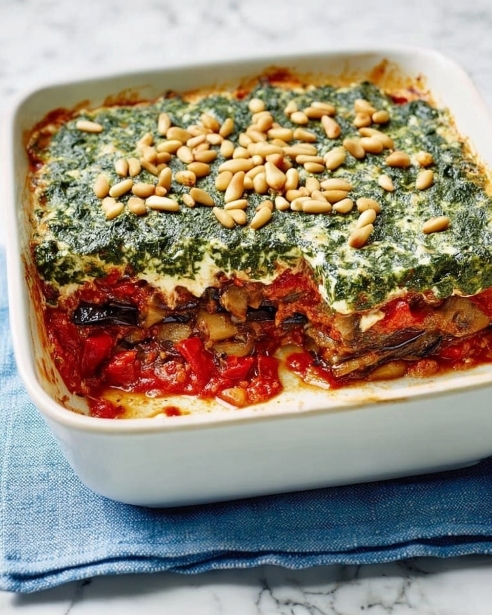 A white square dish containing a layered vegetable bake with a section missing, showing inside layers from top to bottom: a thick green spinach layer with a creamy texture sprinkled generously with light brown pine nuts, below that a layer with visible slices of red tomatoes and cooked brown mushrooms in a rich sauce, resting on a base layer that appears to be a thick tomato sauce. The dish sits on a blue textured cloth on a white marbled surface. photo taken with an iphone --ar 4:5 --v 7
