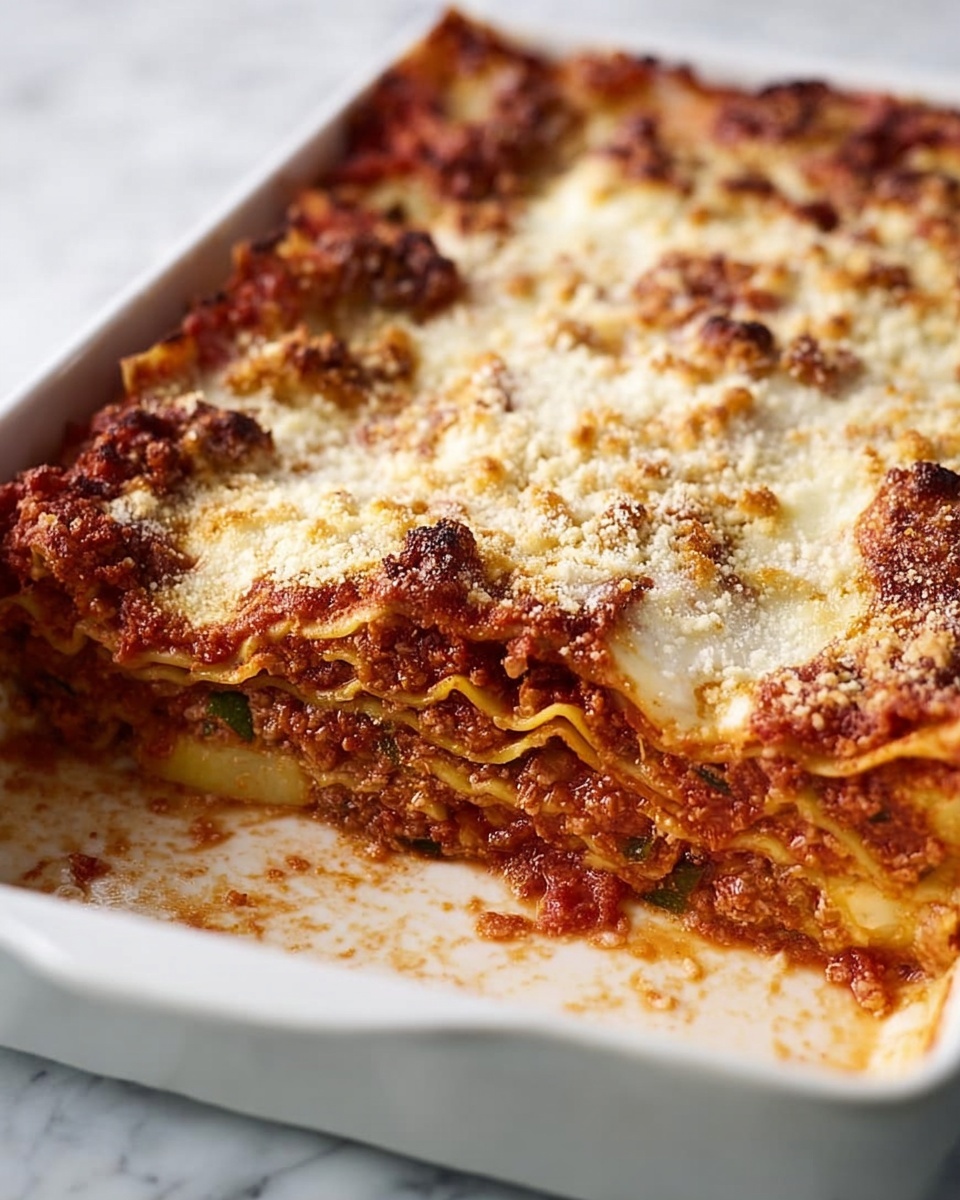 A white ceramic baking dish holds a partially eaten lasagna with three visible layers. The bottom layer is a rich red tomato sauce with pieces of vegetables, topped with a thick, creamy cheese layer that has melted and spread evenly. Above this is another layer of pasta sheets covered with more red sauce and melted cheese. The top layer consists of browned, crispy breadcrumbs scattered over a golden bubbly cheese crust. The edges of the lasagna appear slightly crispy and browned from baking, and the white marbled surface beneath adds a clean, bright background. Photo taken with an iphone --ar 4:5 --v 7