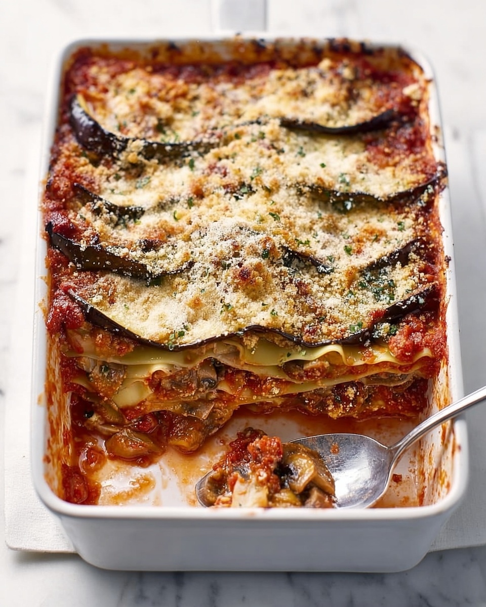 The image shows a white rectangular baking dish filled with a thick lasagna. The top layer is golden brown with a sprinkling of grated cheese and small crispy spots, giving it a slightly crunchy look. Below the top are multiple visible layers: the first pasta sheet is light yellow with a smooth texture, followed by a thick red tomato sauce mixed with slices of mushrooms and small bits of sauce. The layers repeat with pasta sheets and sauce, with some mushroom pieces visible through the sides. A shiny silver spoon rests inside the dish near the front, catching some sauce. The dish is sitting on a white marbled surface, and the scene has soft, natural light. photo taken with an iphone --ar 4:5 --v 7