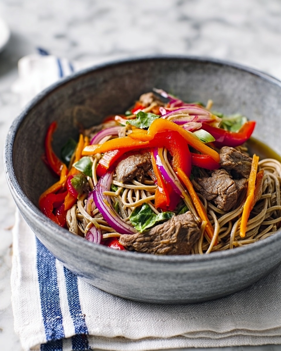 A large textured gray metal bowl filled with a colorful stir-fry dish is set on a white cloth with blue stripes, on a white marbled surface. The dish has three main layers: at the bottom, thin brown noodles with a soft texture are spread evenly; the middle layer shows bright orange and red bell pepper strips that add a crisp look; the top layer contains tender brown pieces of meat mixed with fresh green herb leaves and small slices of white onion. The scene includes a metal spatula resting inside the bowl, with a wooden handle emerging on the right side. In the background, out of focus, there are clear glasses and white plates. photo taken with an iphone --ar 4:5 --v 7