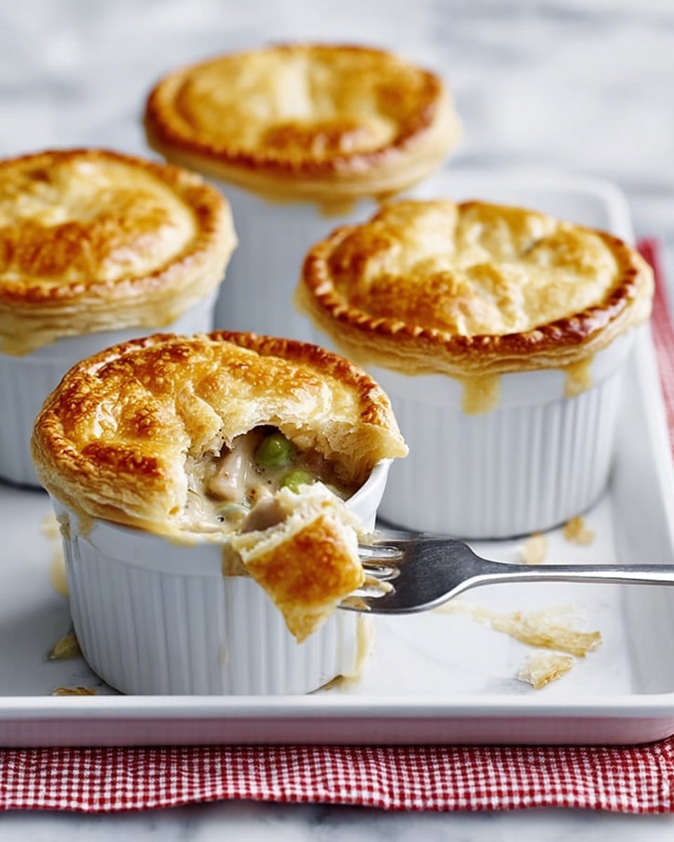 The image shows four white ramekins placed on a white tray with a red checkered cloth underneath, all set on a white marbled surface. Each ramekin is topped with a golden-brown puff pastry crust that looks crispy and slightly uneven in texture. One ramekin in the front has a small section of the crust broken off, revealing a creamy, light-colored filling mixed with green and dark pieces beneath the crust. A fork is lifting a bite of the filling from this ramekin, held by a woman's hand, showing the smooth and chunky mix inside. The scene is bright and clean, with soft light enhancing the golden color of the crusts. photo taken with an iphone --ar 4:5 --v 7