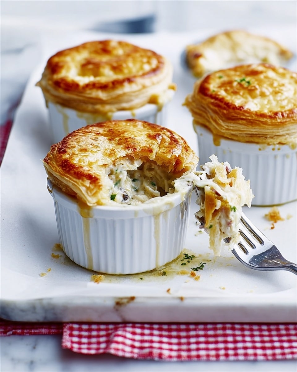 The image shows three small white ramekins on a white tray with a red checkered cloth underneath. Each ramekin has a golden brown, crispy crust on top that looks flaky and slightly uneven. One ramekin in the front has a piece of crust partially lifted by a fork held by a woman's hand, revealing a creamy, white, thick filling with small chunks inside. The background is a white marbled texture, giving a clean and bright look to the scene. photo taken with an iphone --ar 4:5 --v 7