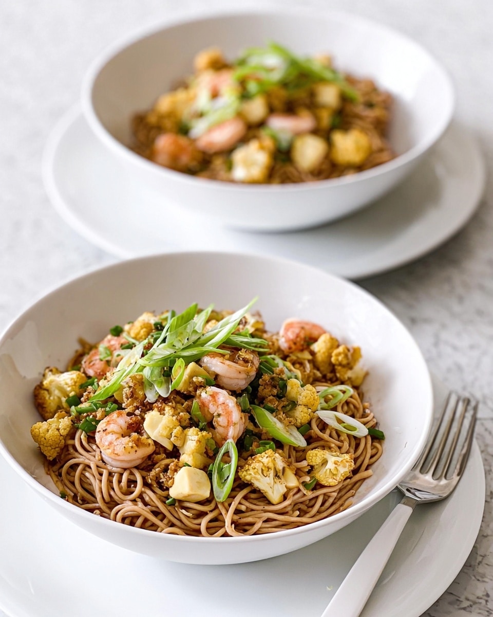 The image shows two white bowls filled with a noodle dish, each placed on a white plate on a white marbled surface. The noodles are light brown and look soft, mixed with pieces of shrimp, small yellow cauliflower florets, cashew nuts, and green herbs. On top of each bowl, there are thin green onion slices and fresh herbs adding a bright touch. A white fork is placed next to the front bowl, and a woman's hand is gently holding the edge of the back bowl. The whole scene looks clean and fresh with soft natural light. photo taken with an iphone --ar 4:5 --v 7