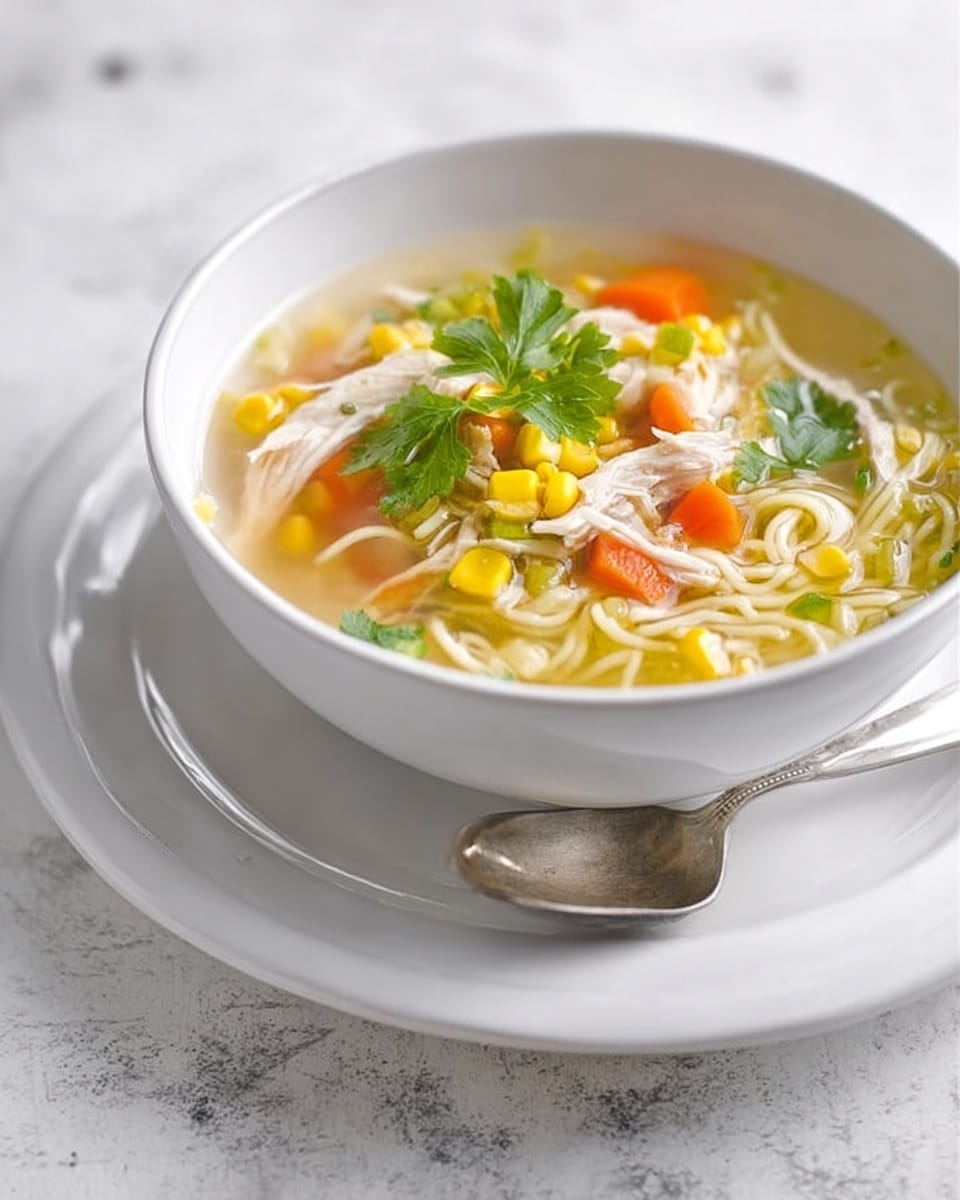 A white bowl filled with a clear chicken noodle soup sits on a white plate, placed on a white marbled surface. The soup has layers of thin yellow noodles resting at the bottom, topped with small pieces of shredded white chicken, bright orange carrot slices, and yellow corn kernels scattered throughout. Bright green celery slices and small sprigs of fresh green parsley float on top, adding more color and fresh texture. A silver spoon rests on the white plate beside the bowl, the whole scene softly lit and simple. Photo taken with an iphone --ar 4:5 --v 7