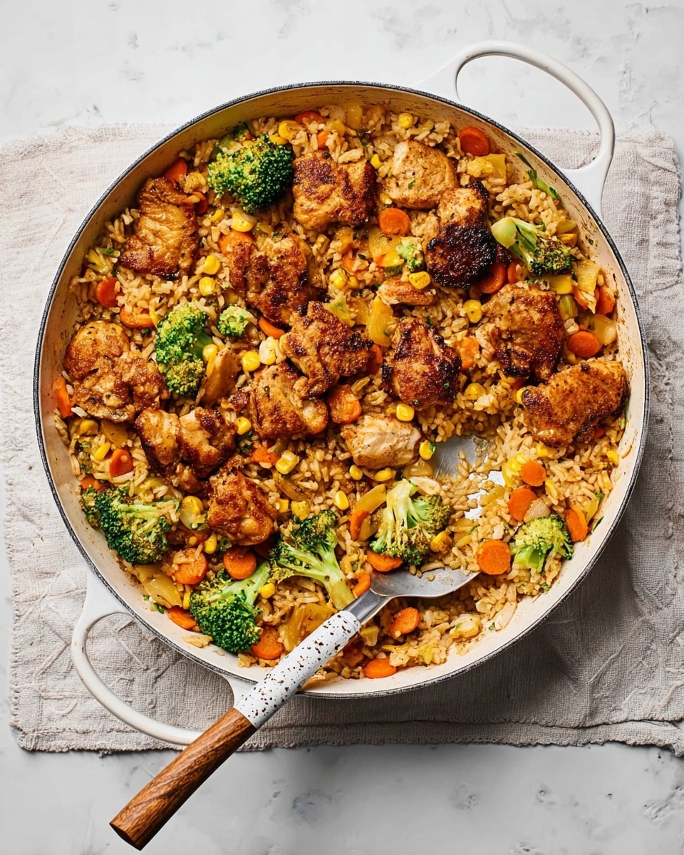 The image shows a large white skillet filled with a colorful one-pan meal. The dish has a base layer of cooked rice mixed with yellow corn kernels and small pieces of cooked onions. On top of the rice, there are several browned pieces of chicken, with a crispy, dark golden texture. Scattered among the chicken and rice are bright green broccoli florets and slices of orange carrot. Some parts of the skillet contain chunks of cooked yellow bell pepper, adding more color to the dish. A metal slotted spoon with a light wooden handle rests inside the skillet near the right edge. The skillet sits on a white marbled surface with a white and yellow striped cloth nearby. photo taken with an iphone --ar 4:5 --v 7