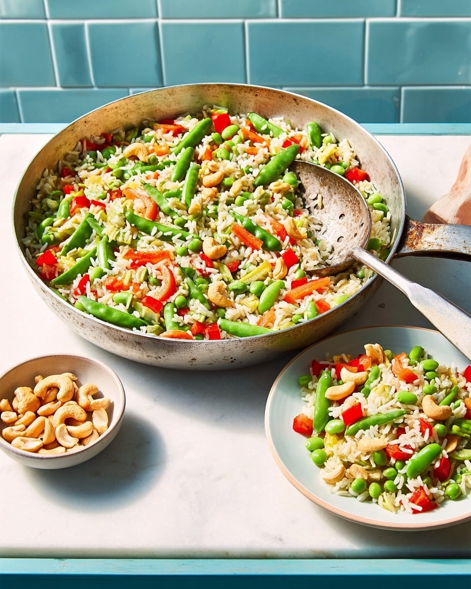 A rustic pan filled with a colorful rice dish layered with bright green snap peas, chopped red bell peppers, and light green edamame beans mixed evenly throughout the rice. The pan is placed on a white marbled surface with a white round base underneath. A silver spoon is partially inside the pan, scooping some of the rice and vegetables. To the right, there is a white plate holding a serving of the same rice and vegetable mix, displaying the same colorful ingredients. Next to the plate, a small blue dish contains a handful of light brown cashews. The background shows blue square tiles, enhancing the bright colors of the food. photo taken with an iphone --ar 4:5 --v 7
