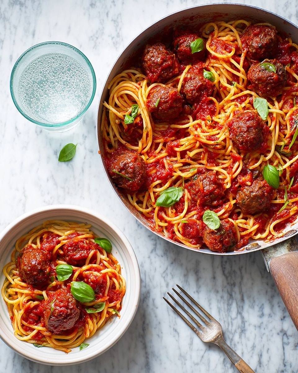 A white pan filled with thick yellow spaghetti noodles mixed with red tomato sauce, scattered with several brown meatballs coated in sauce, and topped with small green basil leaves. Next to the pan, a white bowl holds a serving of the same spaghetti and meatballs, also garnished with a green basil leaf. A silver fork lies on the white marbled surface near the bowl, and there is a glass of water with ice nearby on the same white marbled surface. photo taken with an iphone --ar 4:5 --v 7