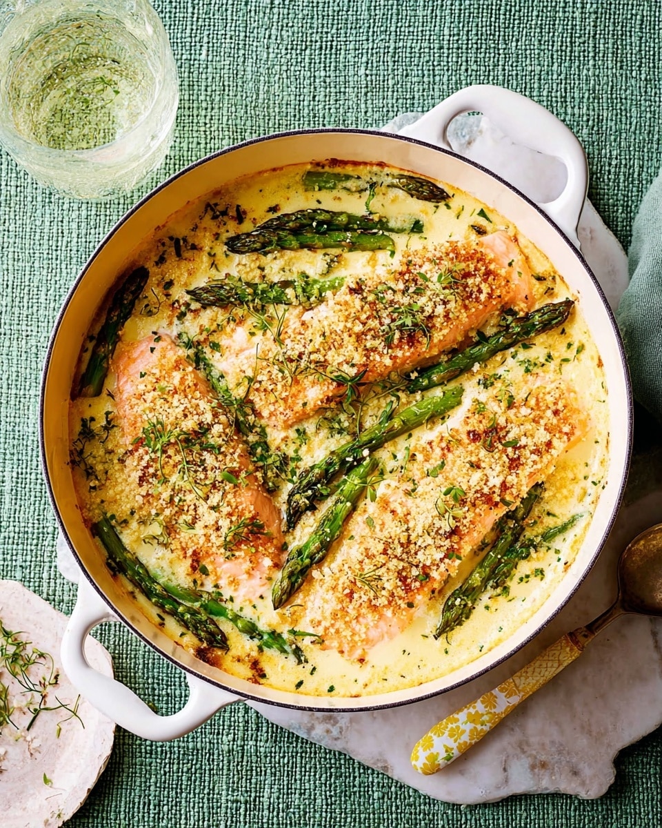A white pan with two handles holds a creamy baked dish featuring four large salmon pieces arranged unevenly in a single layer, topped with a golden-brown breadcrumb crust with green herb flecks. Bright green asparagus spears are scattered on top and partially buried in the creamy white sauce with a slightly browned surface around the edges. The pan sits on a light green placemat over a white marbled surface, with a clear glass of sparkling water nearby and a white spoon with yellow speckles resting beside it. photo taken with an iphone --ar 4:5 --v 7