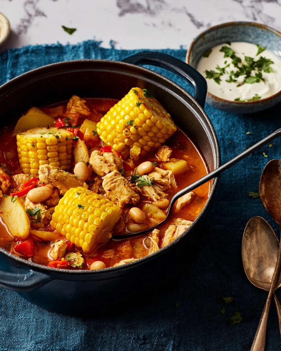 The image shows a pot filled with a colorful stew. Inside the pot, there are four pieces of bright yellow corn on the cob, chunky potato pieces with a light yellow color, red beans, and diced chicken with a light brown color. There are small pieces of red bell pepper and green parsley sprinkled on top. A black spoon is resting inside the pot on the right side. Next to the pot on the left, there is a small bowl with a white sauce and a silver spoon inside it. Everything is placed on a white marbled textured surface. photo taken with an iphone --ar 4:5 --v 7