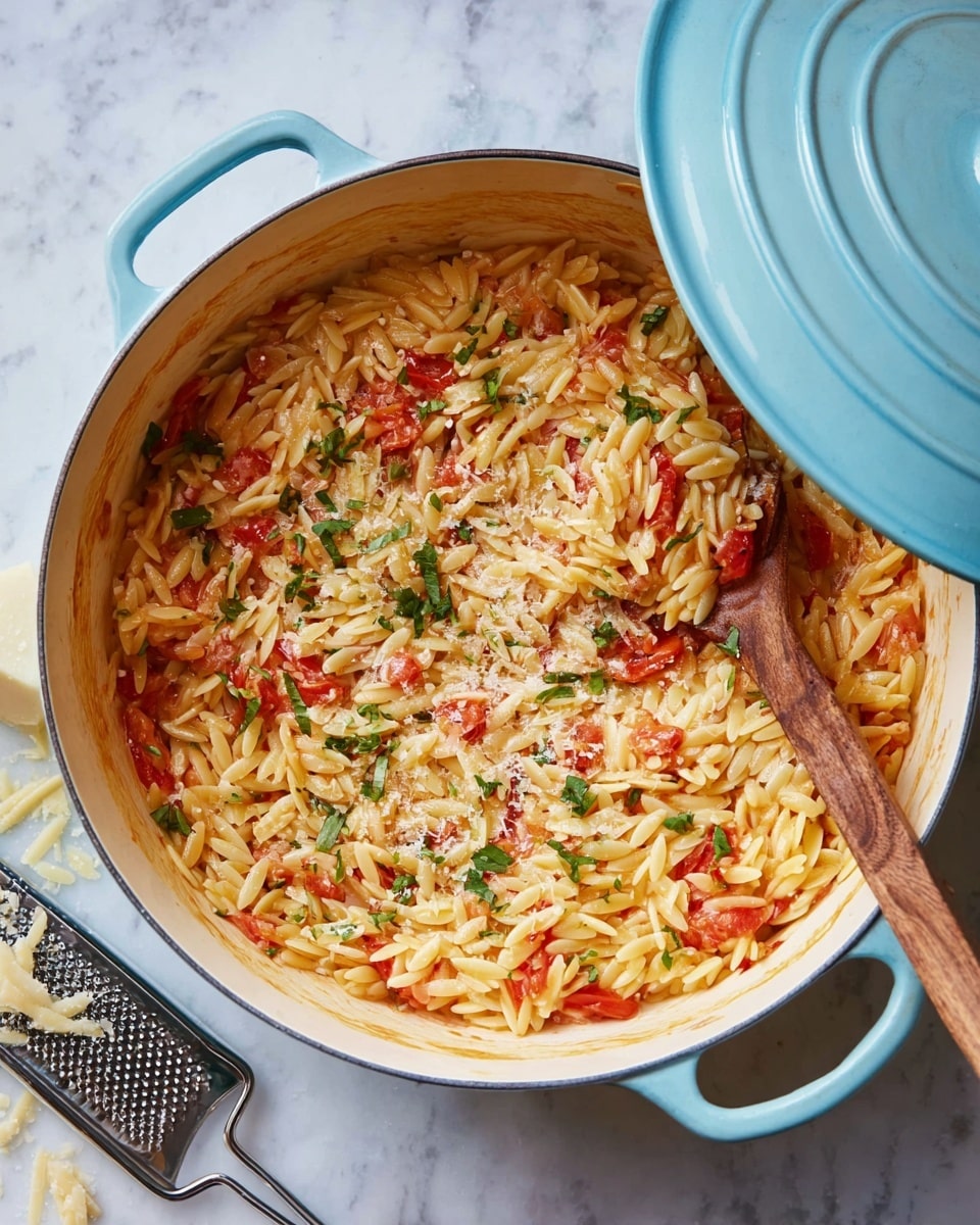 A light blue pot with a partially removed lid rests on a white marbled surface, showing a single thick layer of cooked orzo pasta mixed with small pieces of red tomatoes and chopped green herbs, topped with grated white cheese scattered evenly. A wooden spoon is placed inside the pot, slightly lifting some orzo on its rounded end. The pot handle faces down and the scene includes a small piece of grated cheese and a crumpled pink cloth near the pot. photo taken with an iphone --ar 4:5 --v 7
