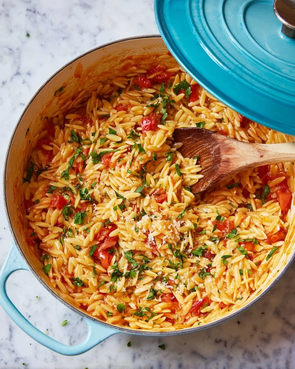 A light blue pot is open to show a single layer of orzo pasta mixed with small pieces of red tomato and green herbs. The orzo is soft, slightly shiny with a coated orange-tomato sauce. Shredded white cheese and chopped green parsley are sprinkled on top, adding texture and color contrast. A wooden spoon rests inside the pot on the right side, partly covered with pasta. The pot sits on a white marbled surface with a small piece of cheese and a metal grater nearby. photo taken with an iphone --ar 4:5 --v 7