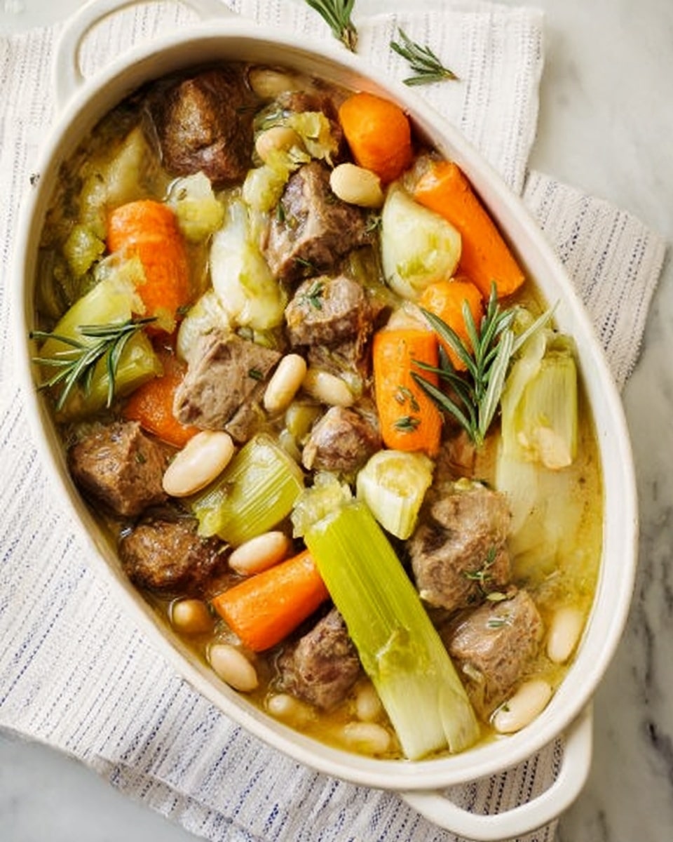A white oval cast iron pot filled with a stew showing several large chunks of light green leeks and thick orange carrot pieces along with chunks of browned meat scattered throughout. Noticeable white beans are mixed in, floating in a light brown broth. Sprigs of fresh rosemary add a touch of green on top. The pot is resting on a pale striped cloth over a white marbled surface. Photo taken with an iphone --ar 4:5 --v 7