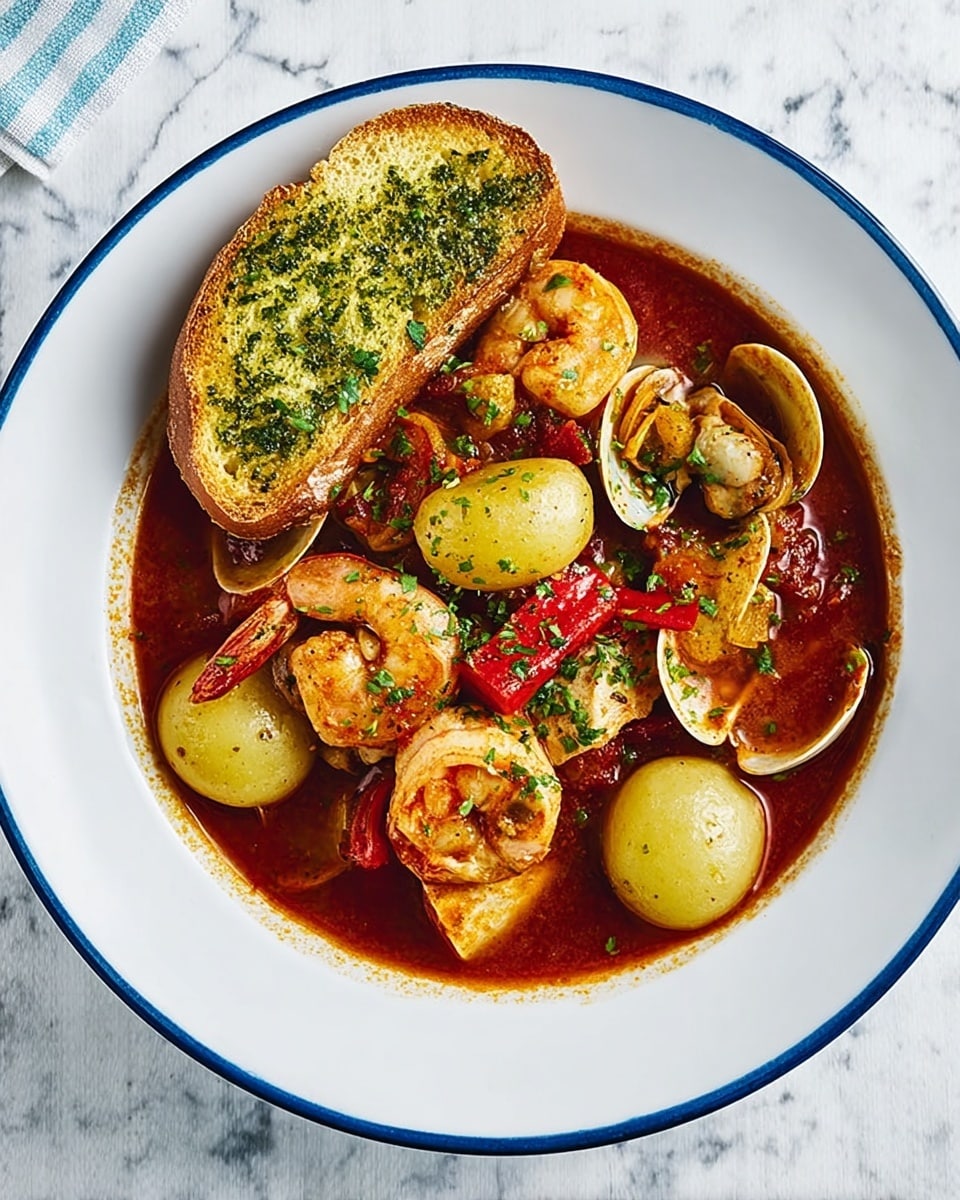 A white bowl with a blue rim sits on a white marbled surface, filled with a rich reddish-brown broth. Inside the bowl, there are four layers of seafood and vegetables: round white potatoes, pink shrimp with a slight curl, light brown clam shells, and pieces of white fish with a slightly crispy surface. Two toasted slices of garlic bread with green herb butter rest on the edge of the bowl. The broth has small green herbs sprinkled on top, adding a fresh touch. Photo taken with an iphone --ar 4:5 --v 7