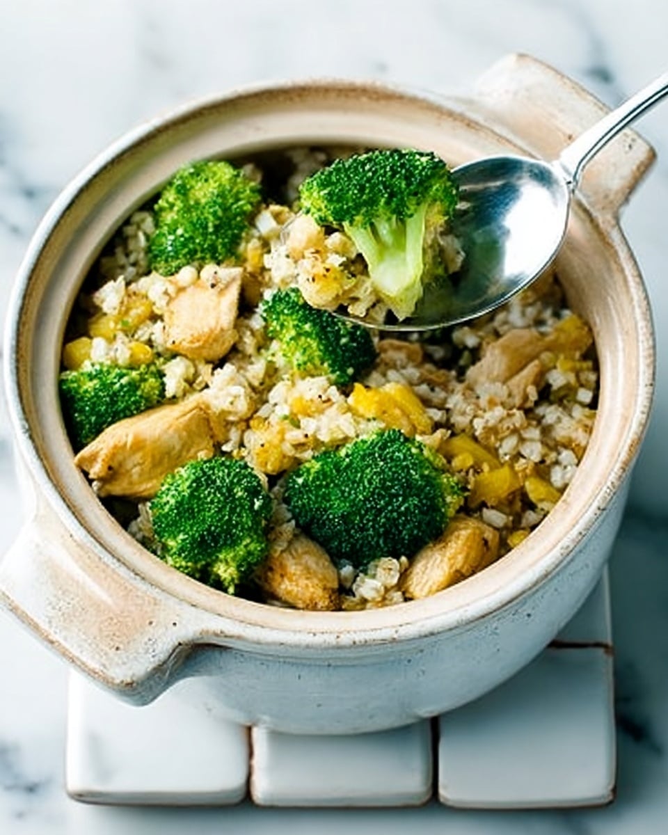 A close-up image of a rustic grey pot filled with a cooked dish showing three main layers: at the bottom is a base of light brown bulgur or rice grains with a slightly grainy texture; on top of it are chunks of tender, golden-brown chicken pieces scattered unevenly, adding a rich texture; and bright green broccoli florets placed around and slightly above the chicken, adding fresh color and a soft texture. A large silver spoon rests inside the pot scooping some of the food with one broccoli piece on it. The pot is sitting on a white tiled mat, and the background is a white marbled surface. Photo taken with an iphone --ar 4:5 --v 7