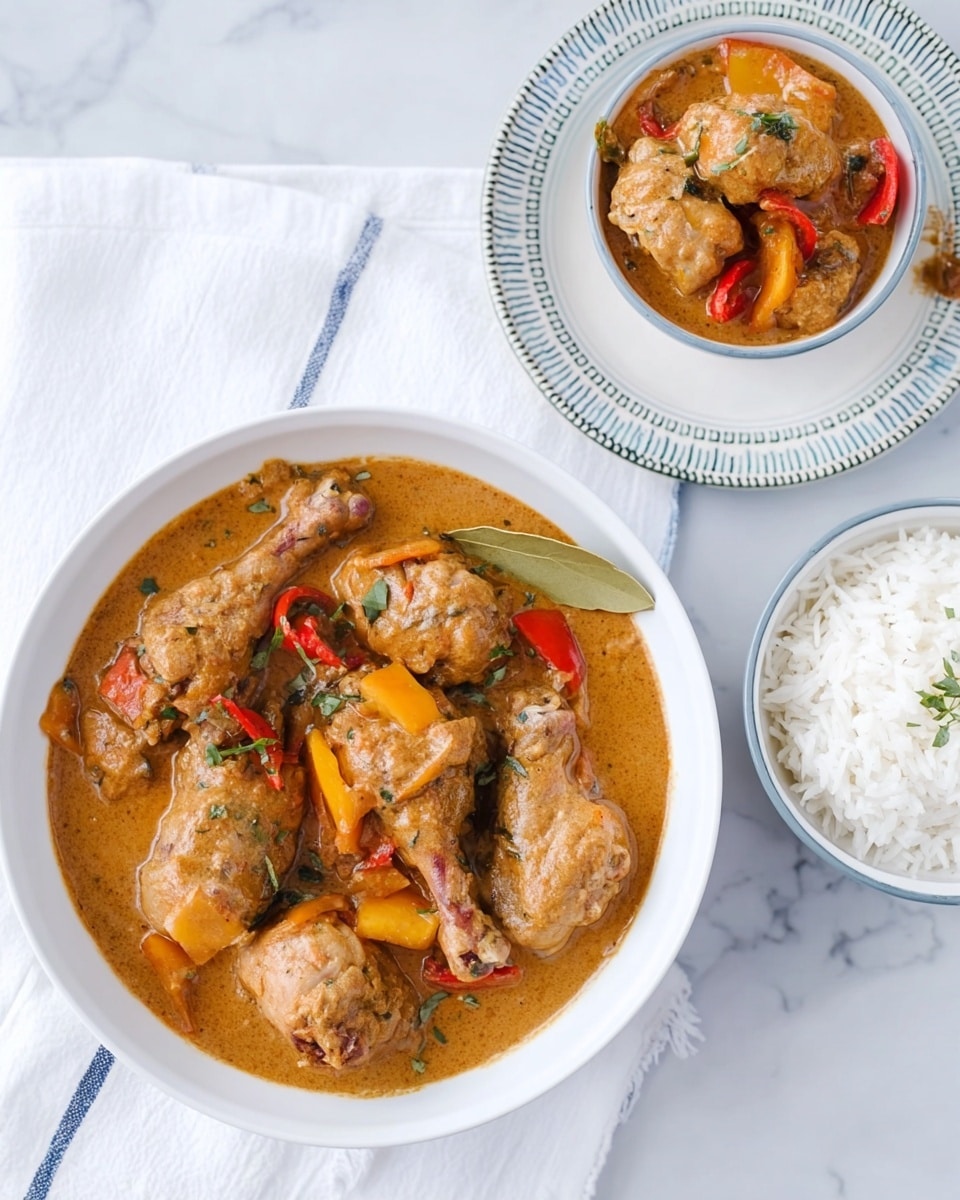 The image shows a white bowl on a white marbled surface with creamy chicken stew that has drumsticks and yellow and red bell pepper pieces visible, all covered in a light brown sauce. Next to it, there is a white plate with a smaller white bowl on top, holding the same chicken stew with visible drumsticks and bell peppers, and fluffy white rice neatly placed beside it on the plate. The scene is bright and clean with a simple, cozy feel. photo taken with an iphone --ar 4:5 --v 7