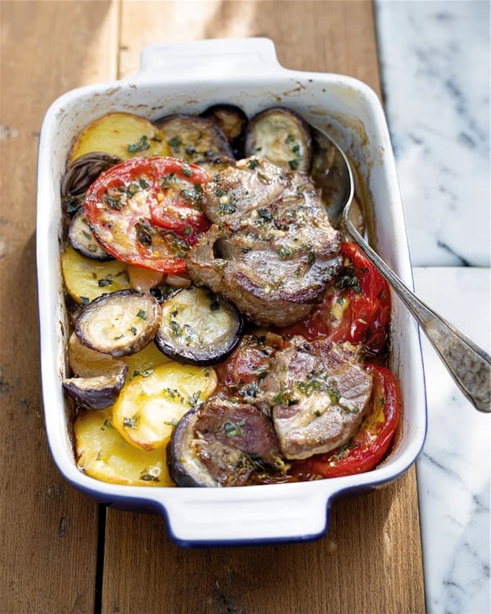 A white rectangular baking dish filled with a layered meal sits on a white marbled surface. The bottom layer consists of round, thinly sliced yellow potatoes, slightly browned. On top are slices of cooked, soft eggplants and red tomatoes with wrinkled skin, scattered with bits of white cheese and herbs. Two large pieces of browned meat with a slight shine cover part of the veggies. A metal spoon rests inside the dish on the right side, and the whole scene catches soft natural light. Photo taken with an iphone --ar 4:5 --v 7