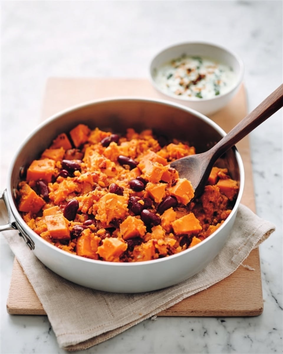 A white cooking pot filled with a thick, orange stew made of soft, cubed sweet potatoes and cooked lentils, mixed with small red kidney beans giving hints of dark red color among the orange. The stew has a chunky texture, with visible pieces of vegetables and legumes. A wooden spoon with a long handle rests inside the pot, partially buried in the stew. Behind the pot, there is a small white bowl containing a creamy white sauce with small green herb pieces mixed in it. All items are placed on a white marbled surface with a light-colored cloth in the background. photo taken with an iphone --ar 4:5 --v 7