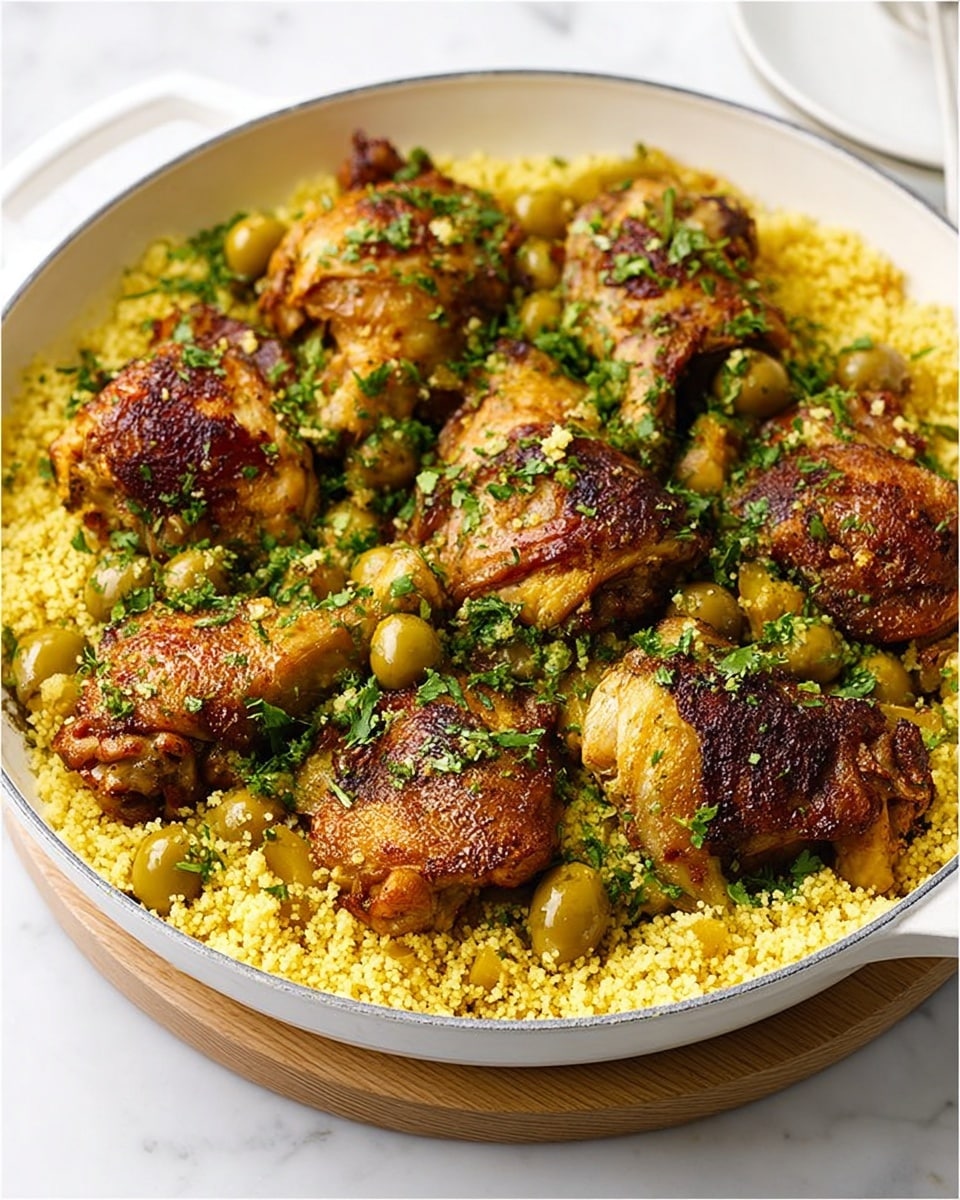 A large white round pan filled with several pieces of golden-brown roasted chicken on top of a bed of bright yellow couscous mixed with green olives and fresh green herbs. The chicken pieces are crispy and well-seasoned, placed evenly in the pan with the couscous spread around them. The pan rests on a pale wooden board, all set on a white marbled surface. The texture of the chicken is crunchy while the couscous looks fluffy and moist. photo taken with an iphone --ar 4:5 --v 7