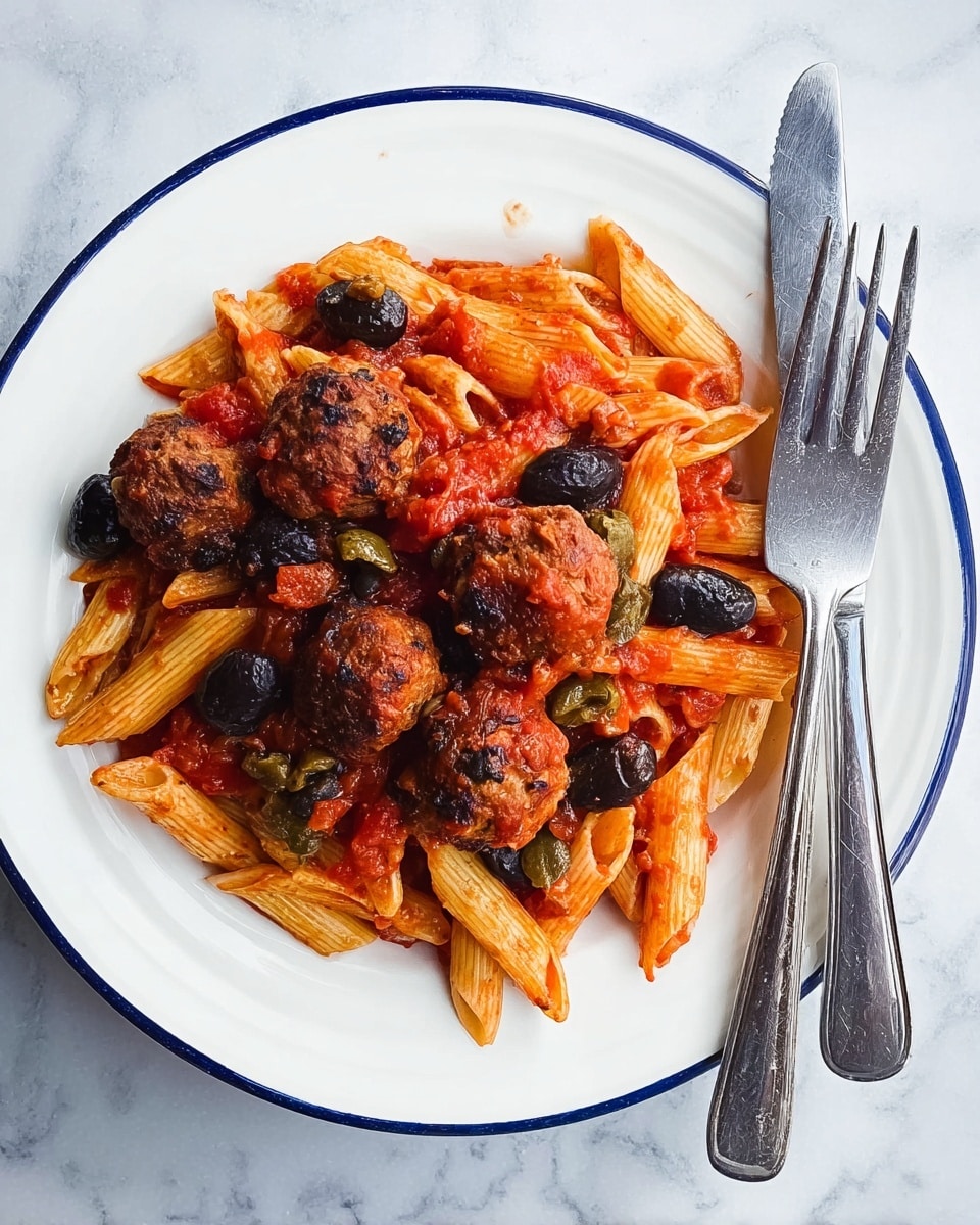 A white plate with a blue rim holds a single layer of penne pasta mixed with tomato sauce, small brown meatballs, black olives, and some green capers. The sauce lightly coats the pasta, giving it a shiny red color, while the meatballs have a browned and slightly textured surface. The black olives and green capers are scattered evenly, contrasting with the red and brown colors. A silver fork and knife rest on the right side of the plate, with the fork closer to the plate. The plate sits on a white marbled surface. photo taken with an iphone --ar 4:5 --v 7