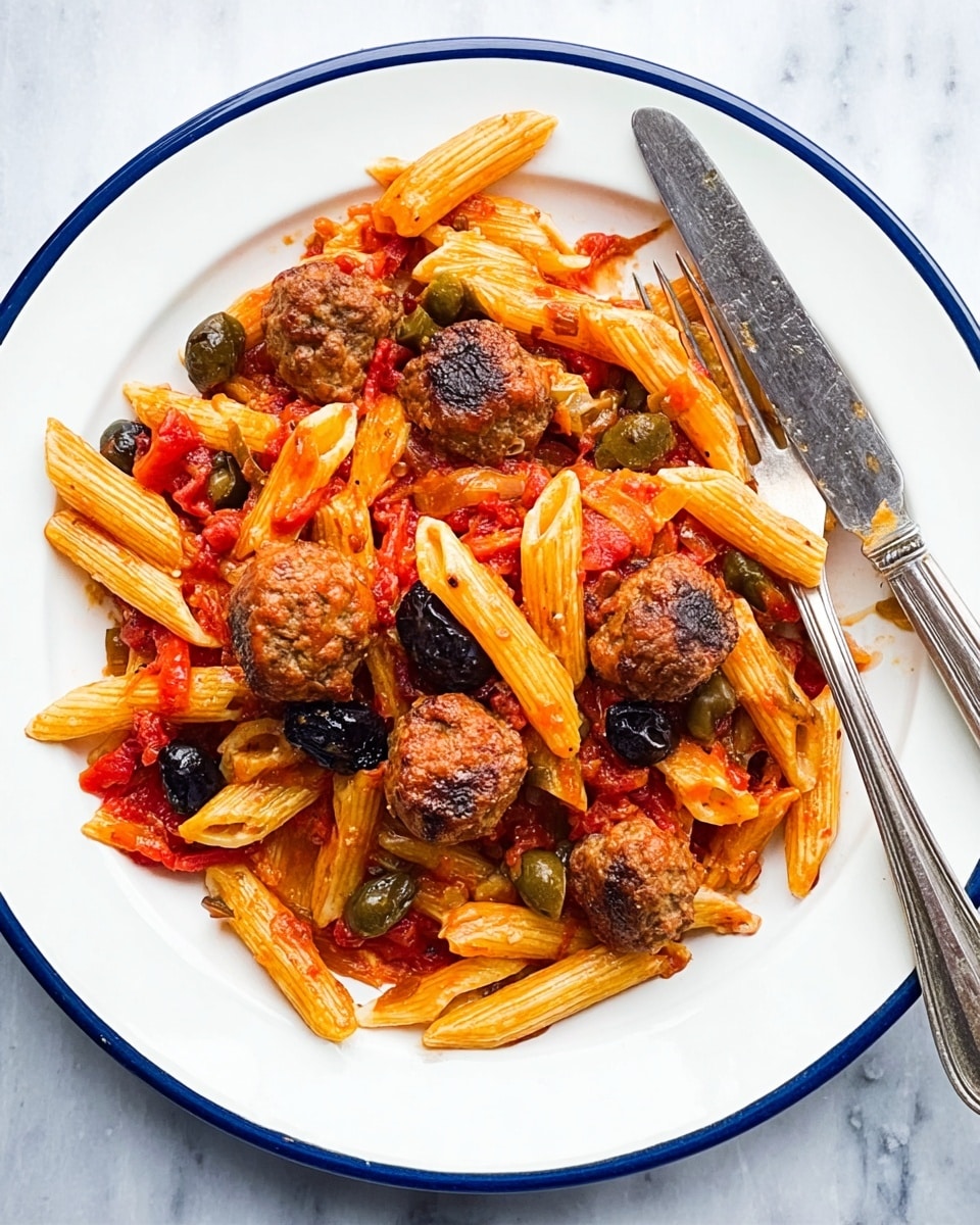 A white plate with a thin blue rim holds one layer of penne pasta mixed with tomato sauce, small round meatballs, black olives, and green capers evenly spread. The pasta is orange-red with sauce coating all pieces, while the meatballs are brown and chunky, contrasting with the smooth olives and tiny green capers. A silver fork and knife rest on the right edge of the plate, placed diagonally on the white marbled surface beneath. Photo taken with an iphone --ar 4:5 --v 7